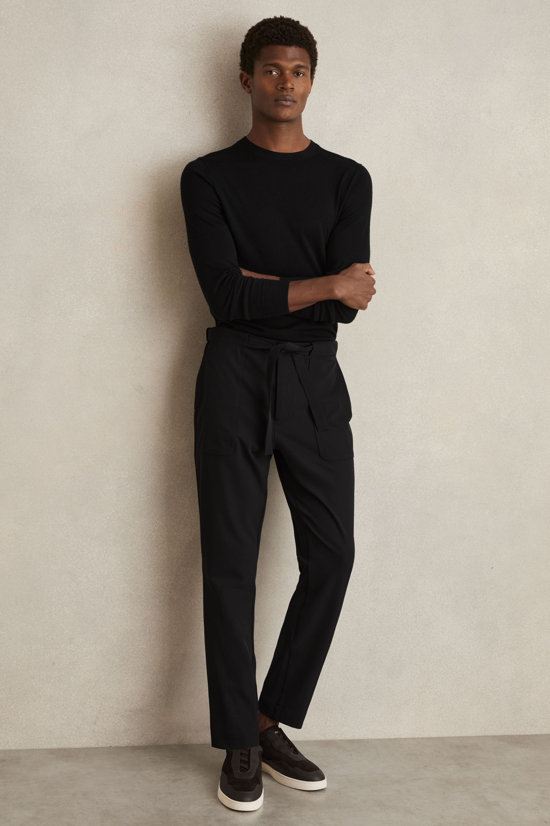 Reiss Black Belted Technical Tapered Trousers