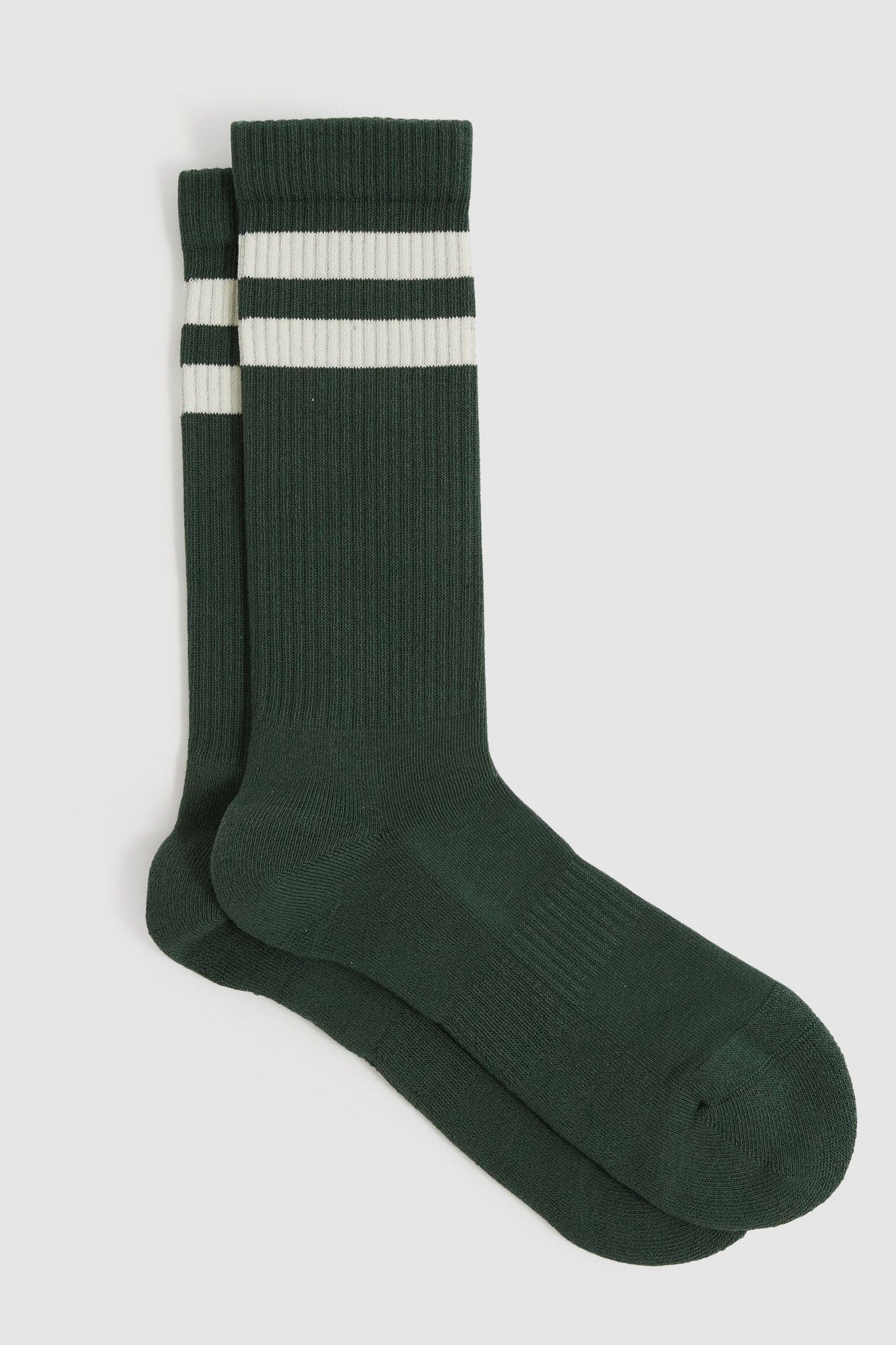 REISS PINE GREEN/ECRU COTTON-BLEND DOUBLE-STRIPE SOCKS