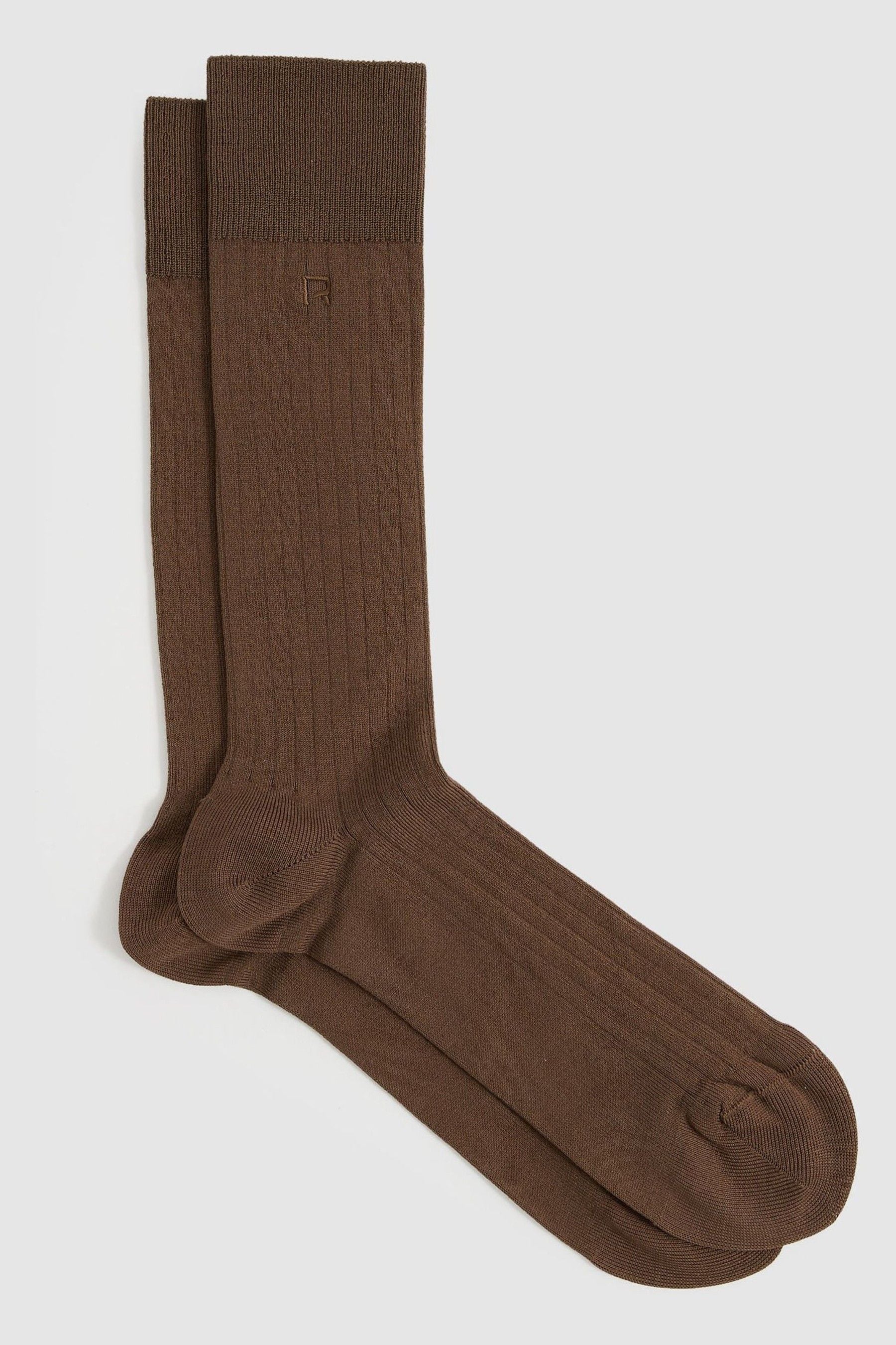 Shop Reiss Brown Cotton-blend Logo-embroidered Socks