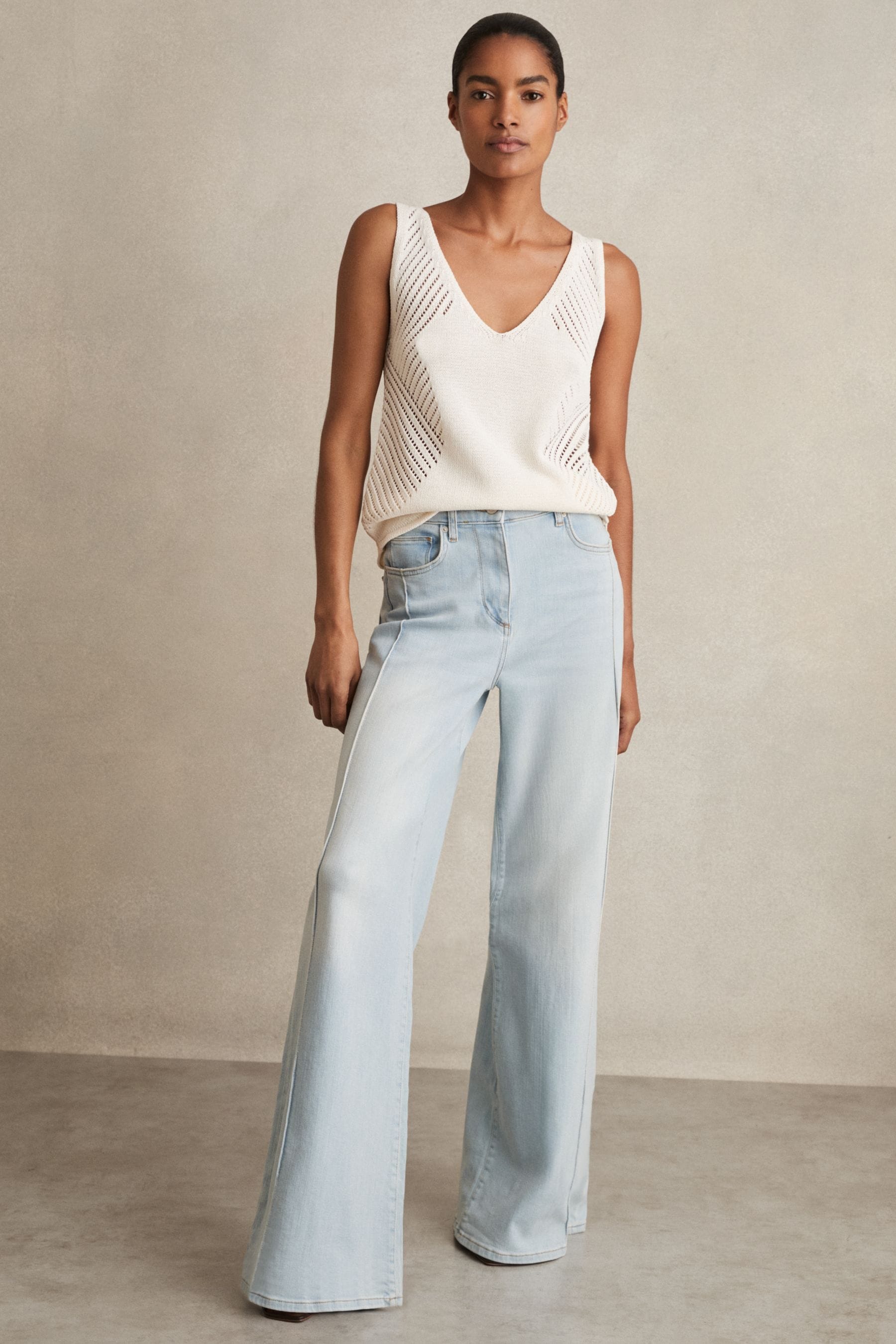 Reiss Light Blue Stretch-cotton Wide-leg Jeans, 28R