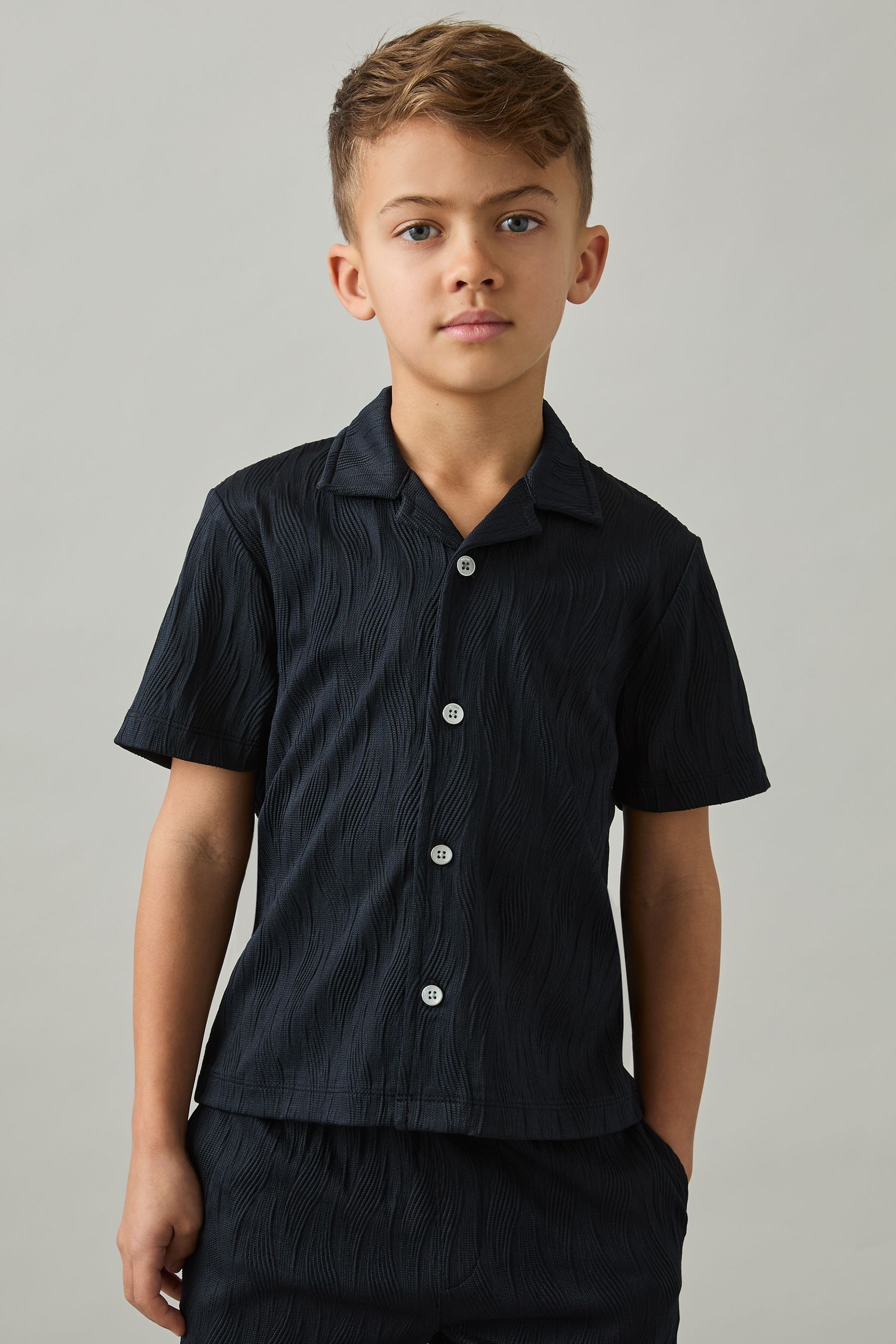 Reiss Navy Wave Jacquard Cuban Collar Shirt In Navy
