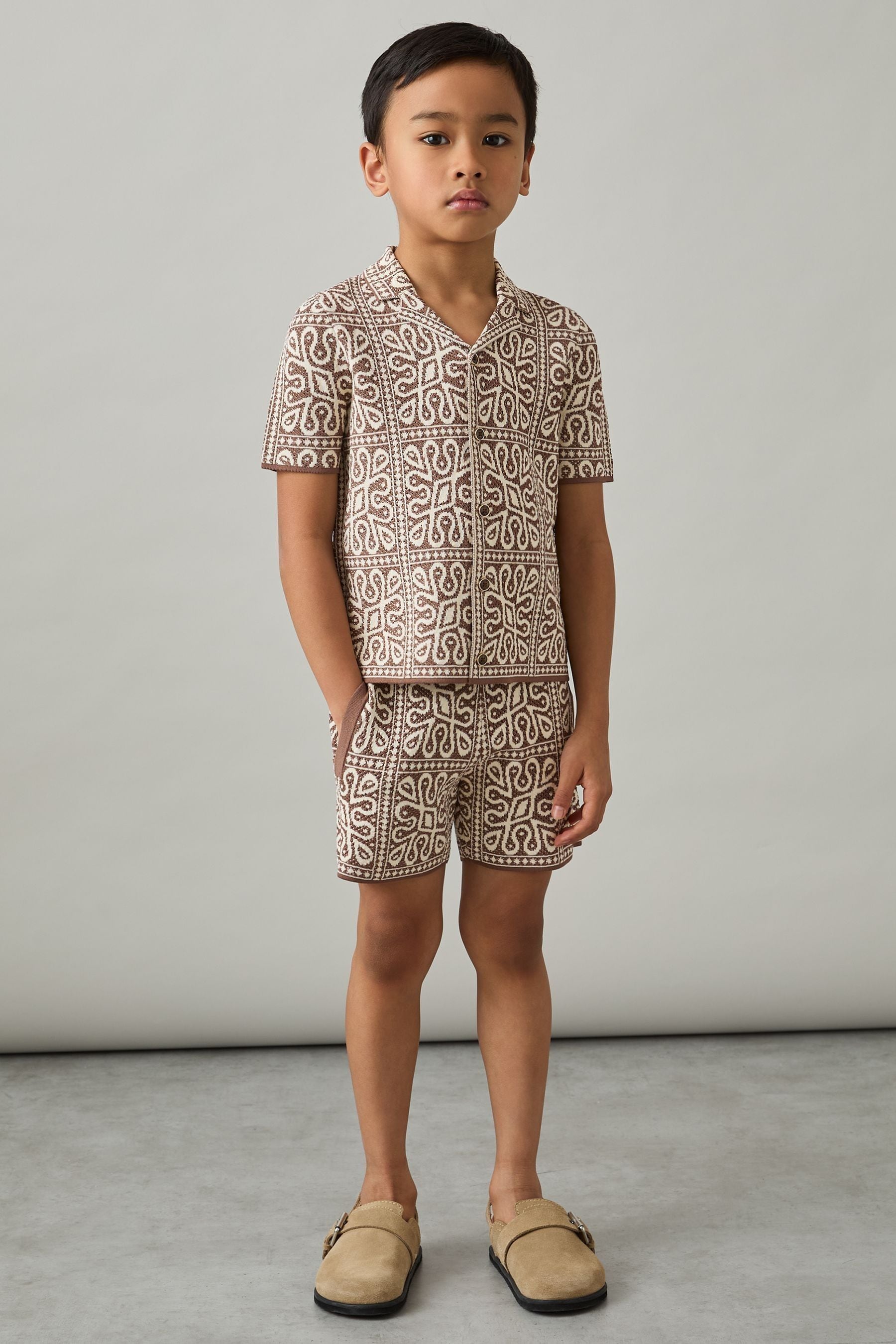 Reiss Brown/off White 3-9 Yrs Tile Pattern Knit Shorts In Brown/off White