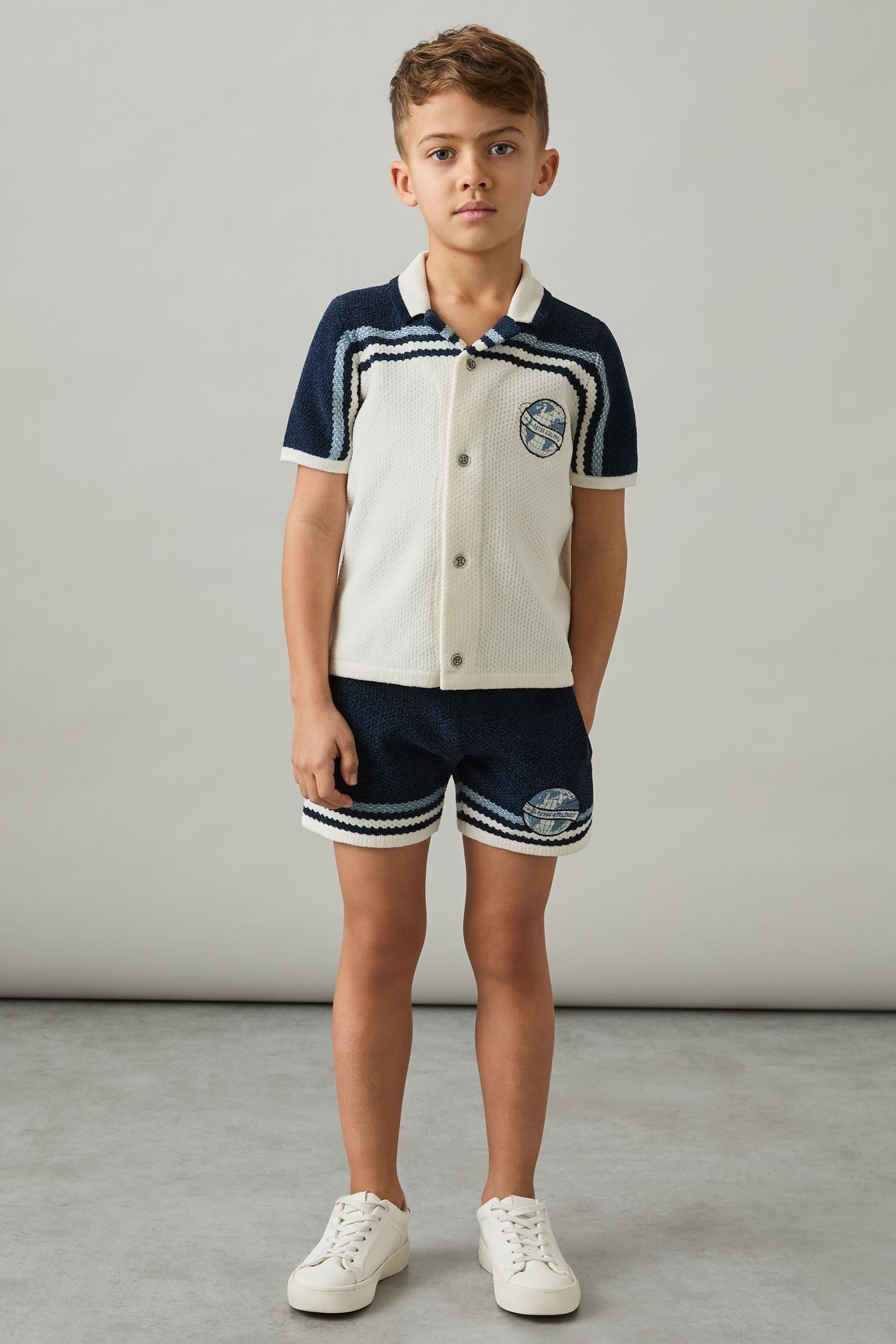 Reiss Navy/airforce Blue/white Chenille Airlines Embroidery Shorts