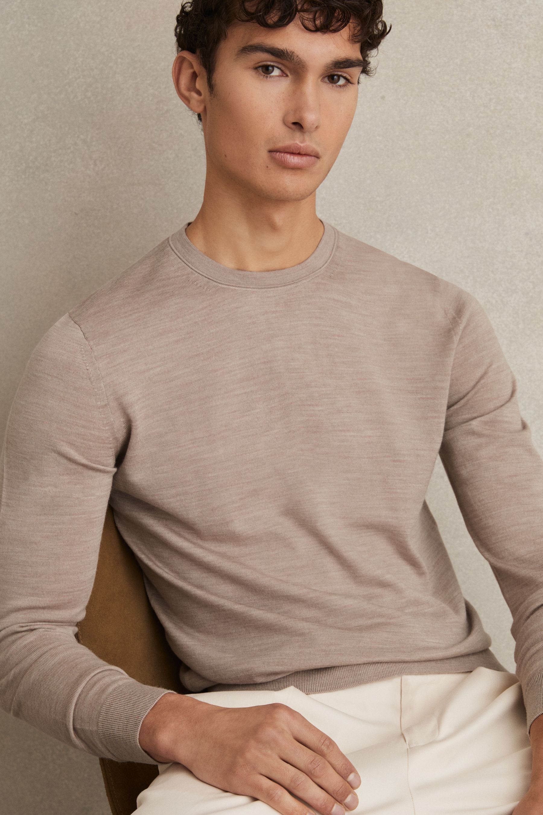 Reiss Wheat Melange Merino Wool Crew Neck Jumper, XL
