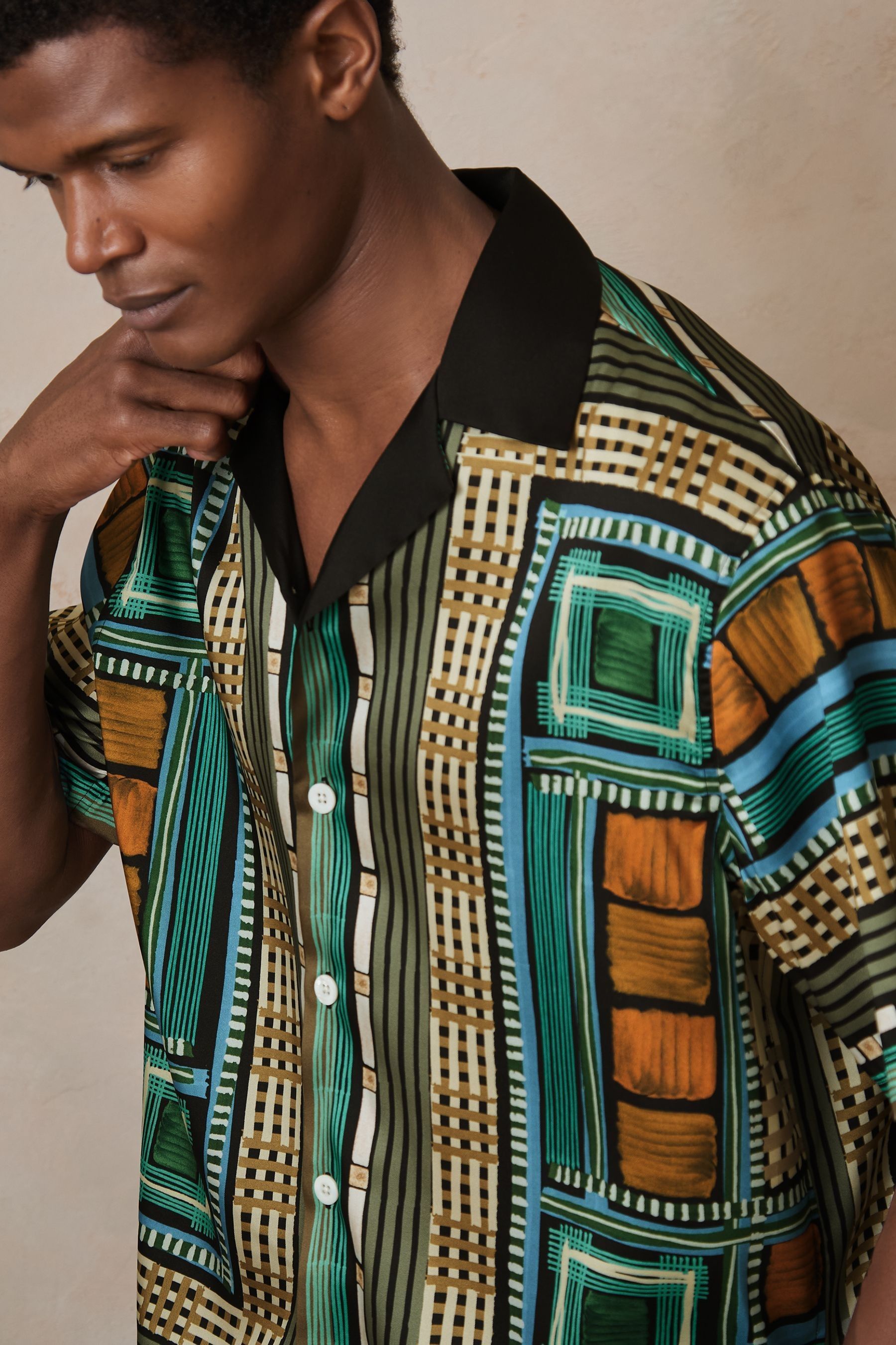 Reiss Square Mixed Prints Cuban Shirt