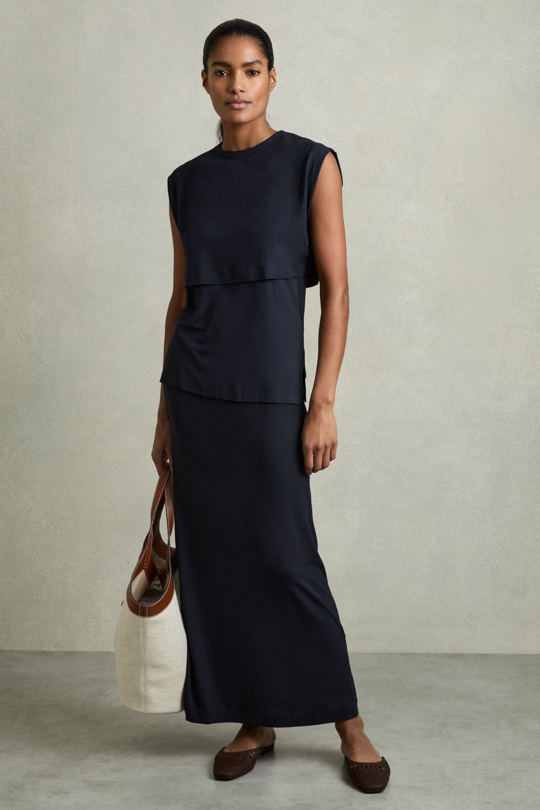 Reiss Navy Jersey Straight Maxi Skirt, 10