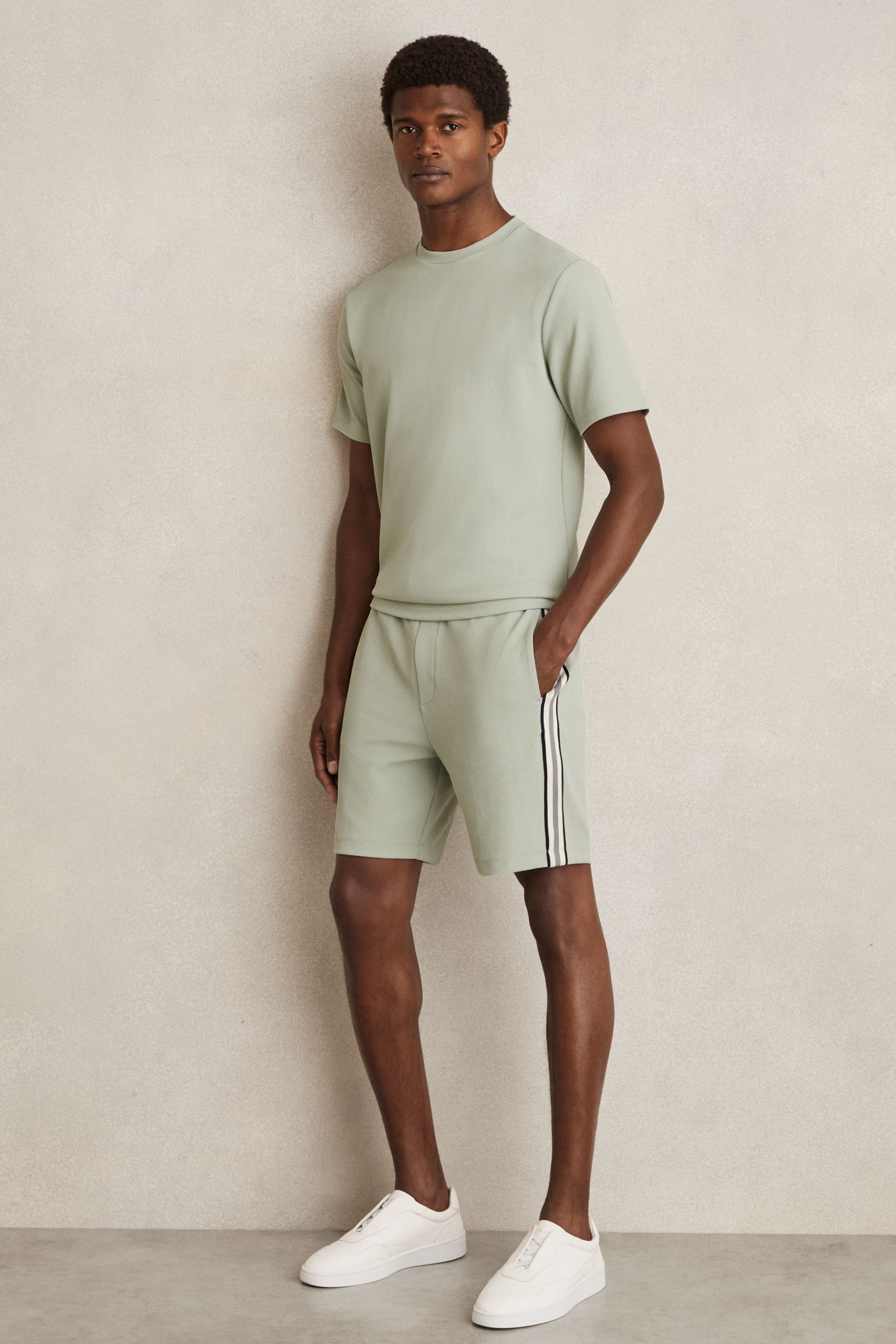 Reiss Sage Green Textured Crew-neck T-shirt