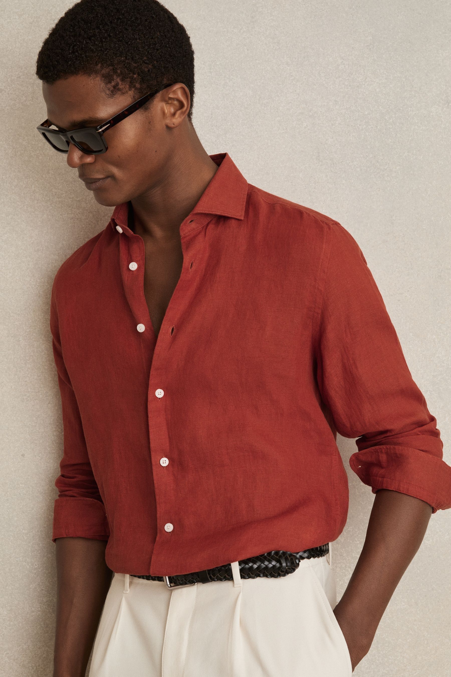 Reiss Paprika Red Linen Button-through Shirt