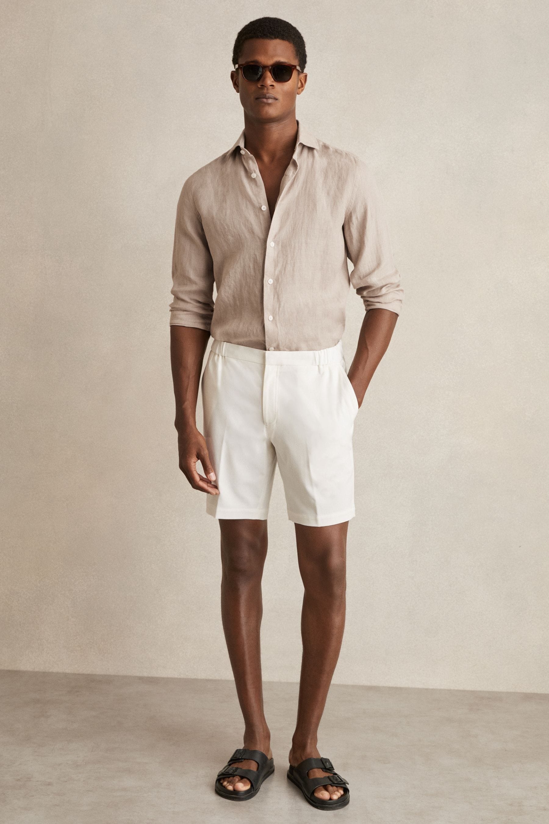 Reiss Mink Brown Linen Striped Cutaway-collar Shirt