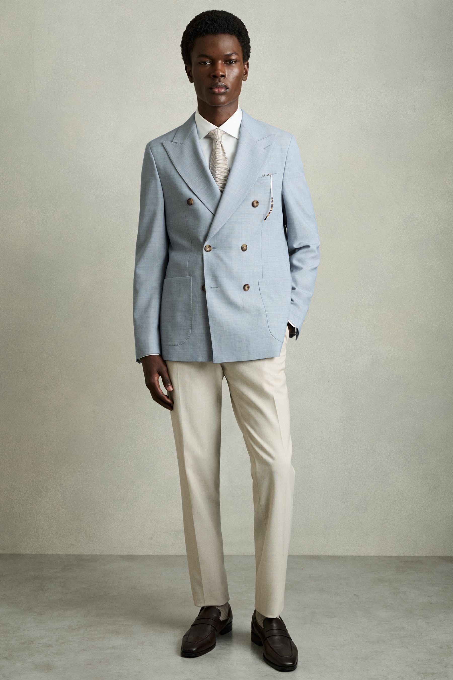REISS SOFT BLUE BELMONT DB DOUBLE-BREASTED TEXTURED SUIT BLAZER WITH WOOL SLIM-FIT
