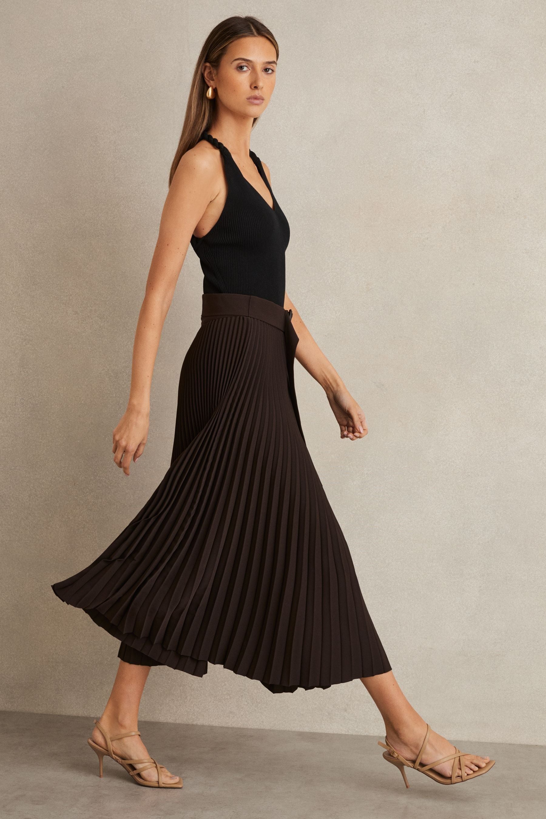 Reiss Chocolate Brown Pleated Belted Midi Skirt, 18