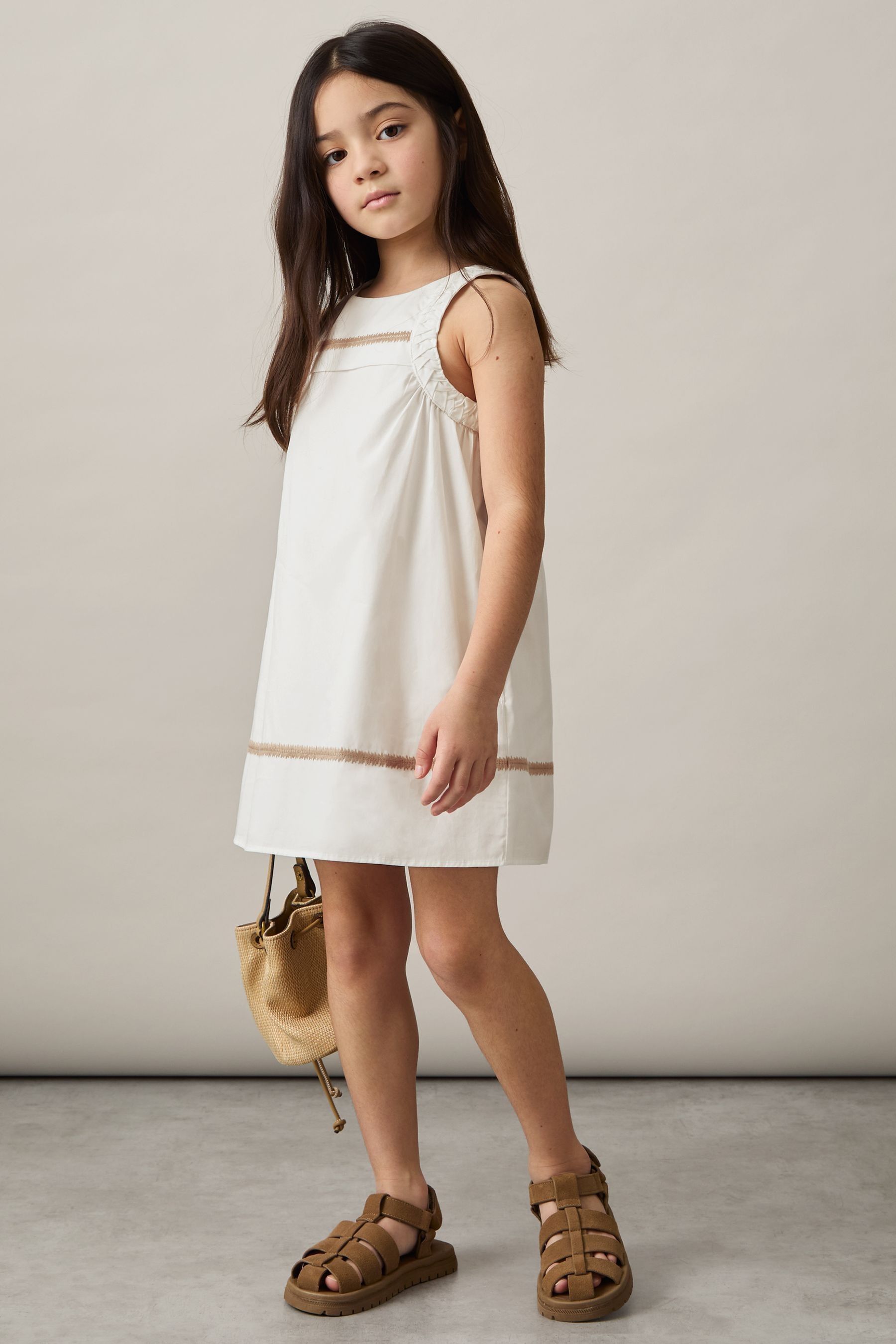 Reiss Girls Cream Cotton Plaited Trim Sleeveless Dress In Ivory