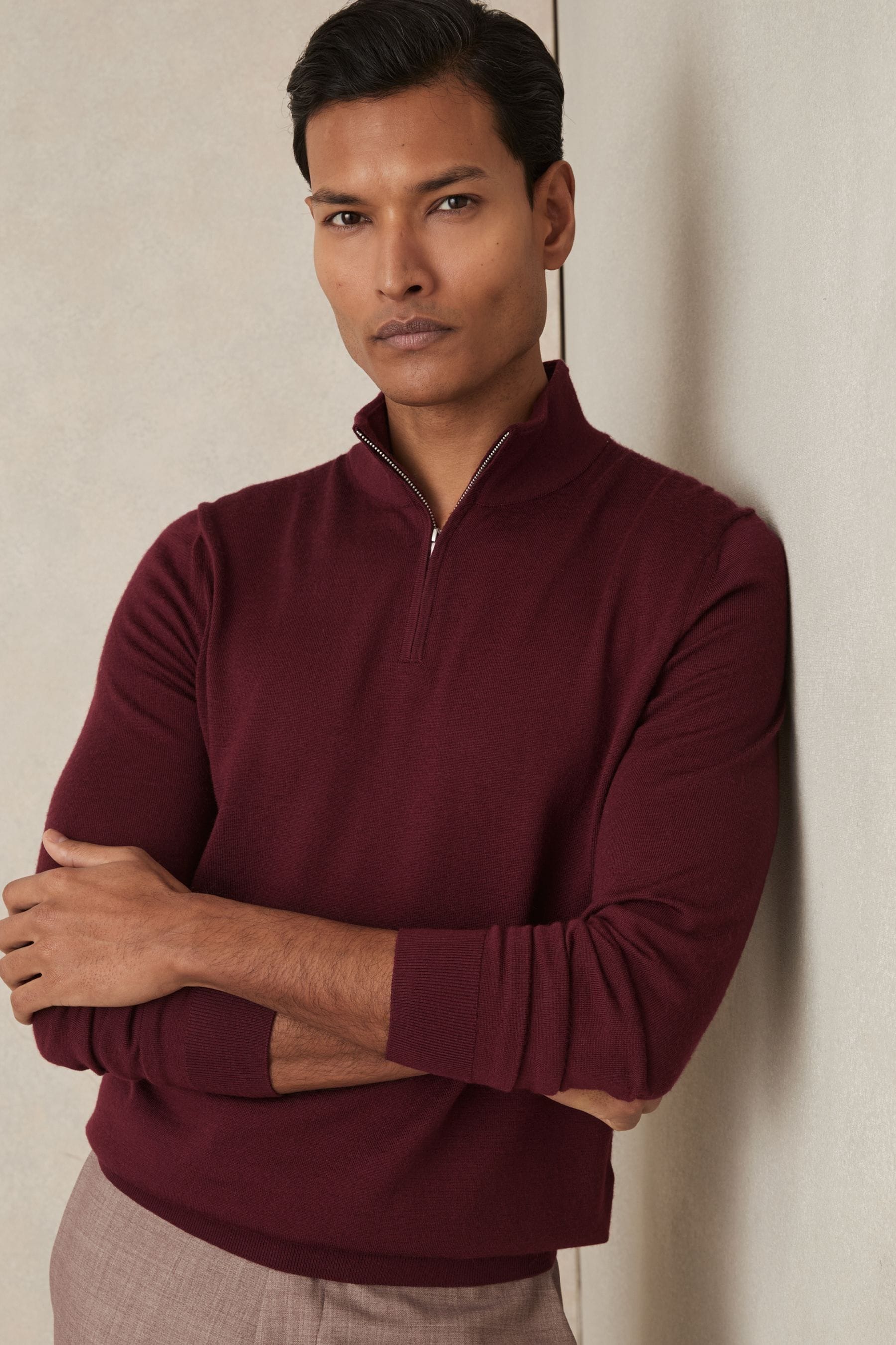 Reiss Claret Red Merino Wool Half-zip Funnel Neck Jumper, M