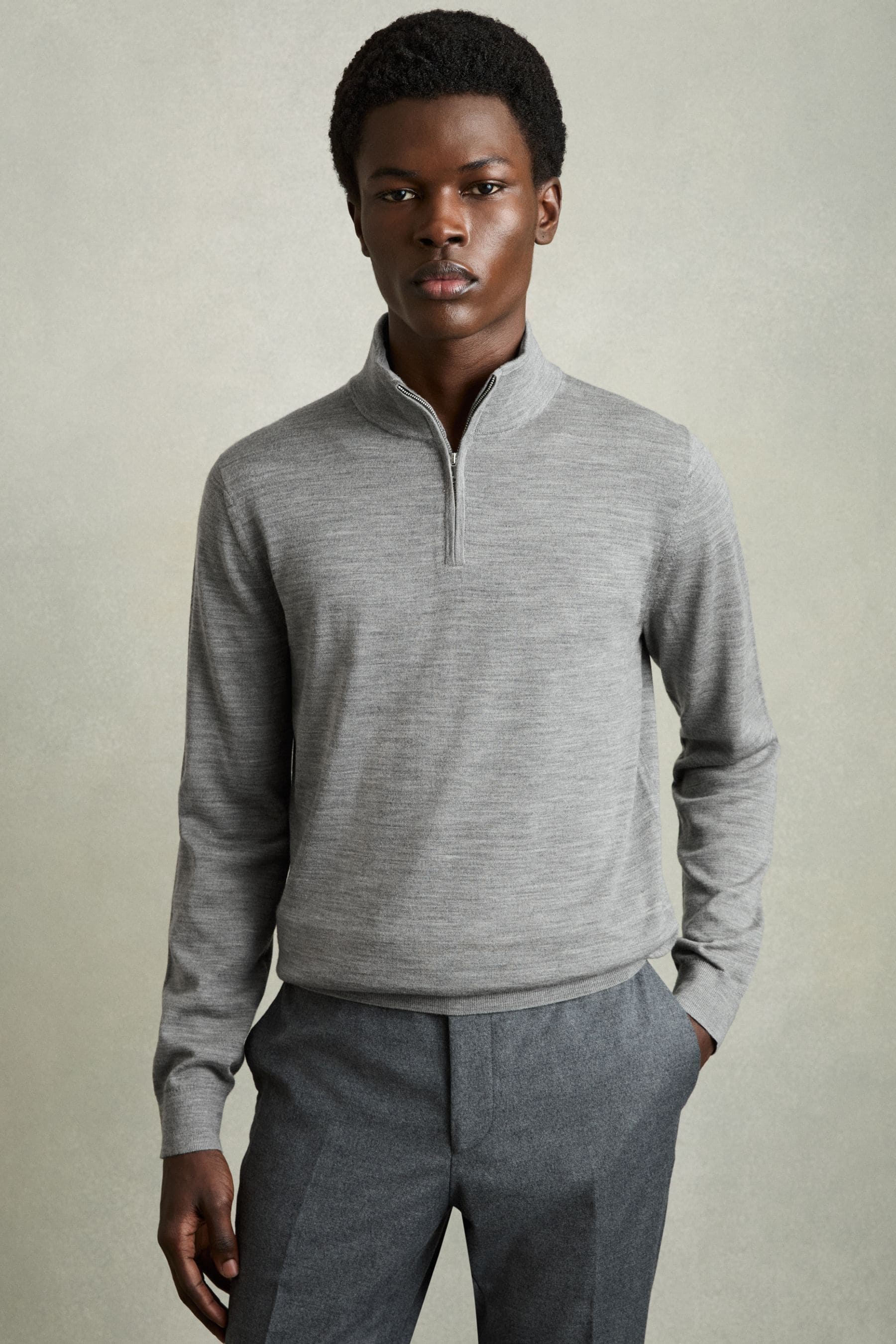 Reiss Warm Grey Melange Merino Wool Half-zip Funnel Neck Jumper, XS