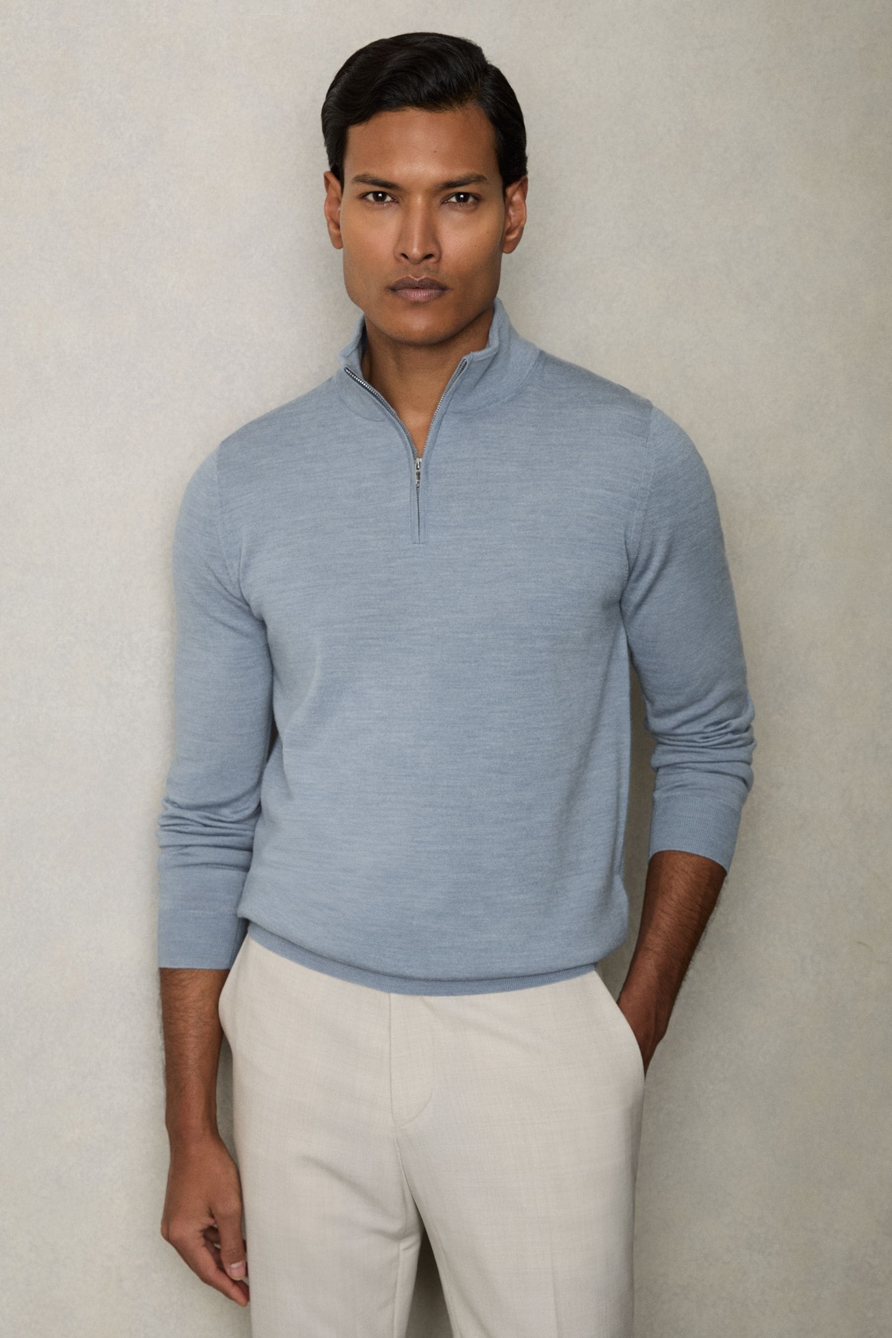 Reiss Soft Blue Melange Merino Wool Half-zip Funnel Neck Jumper, Xxl