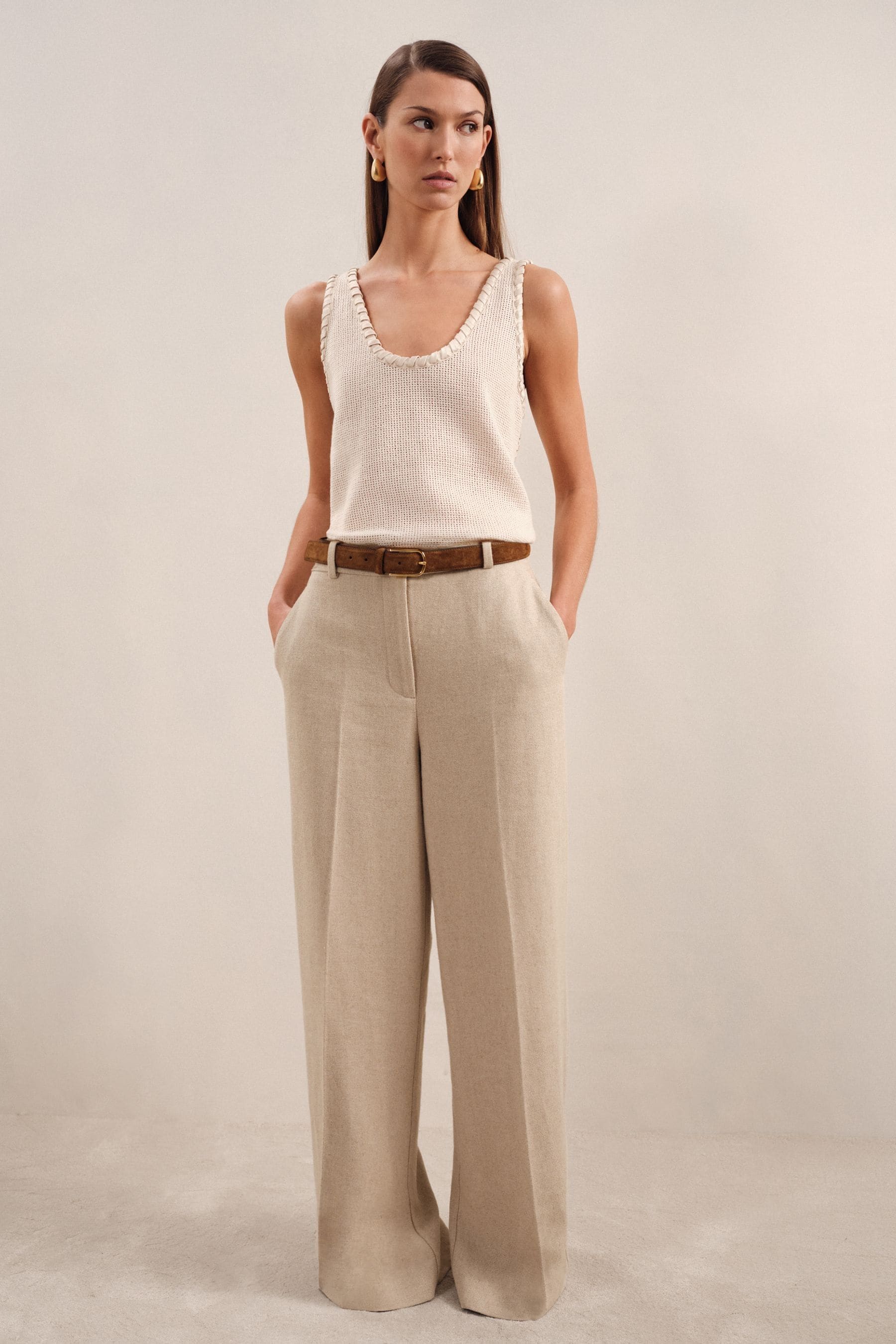Reiss Neutral Petite Linen-blend Wide-leg Trousers, 10