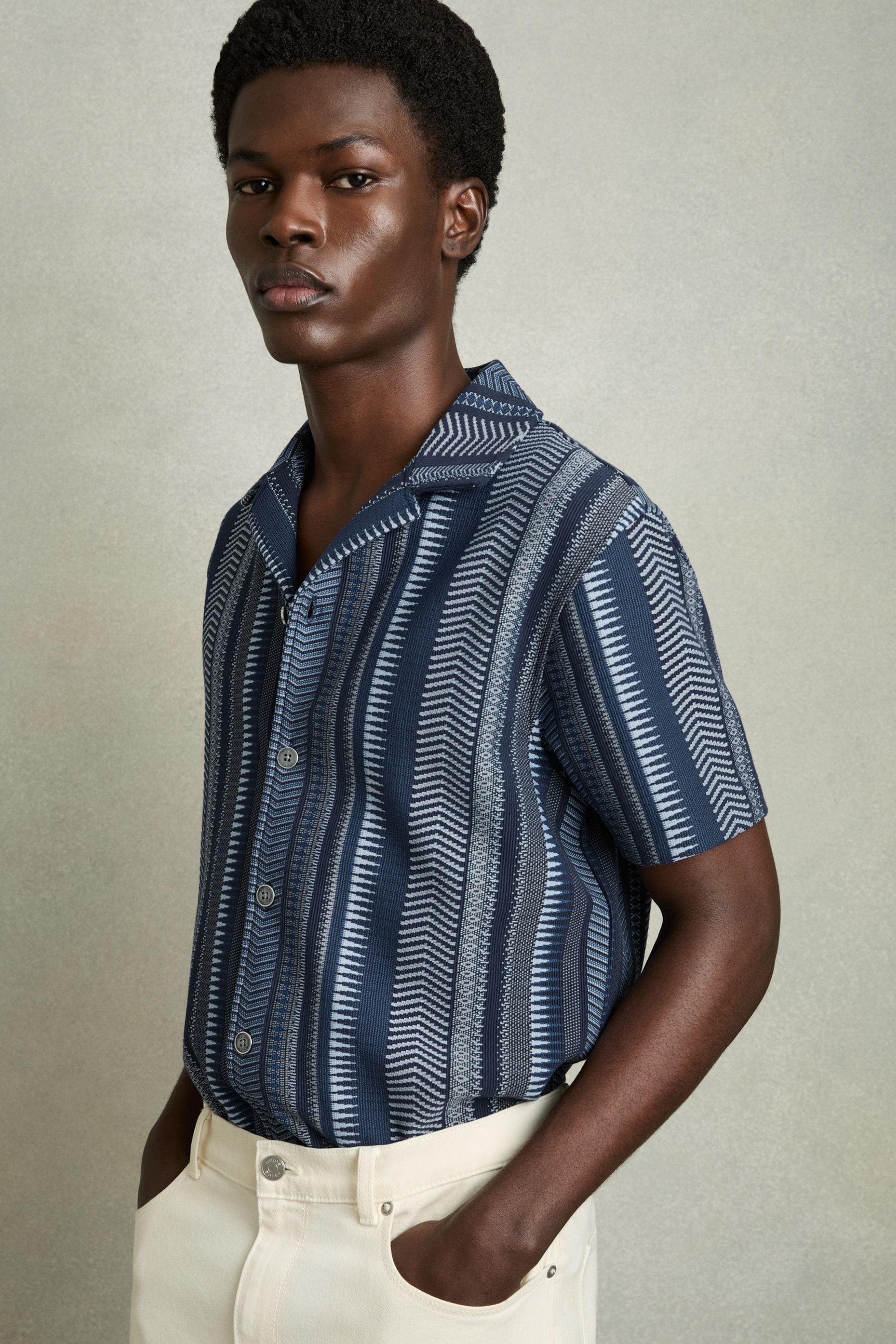 Reiss Navy Aztec-stripe Cuban-collar Shirt