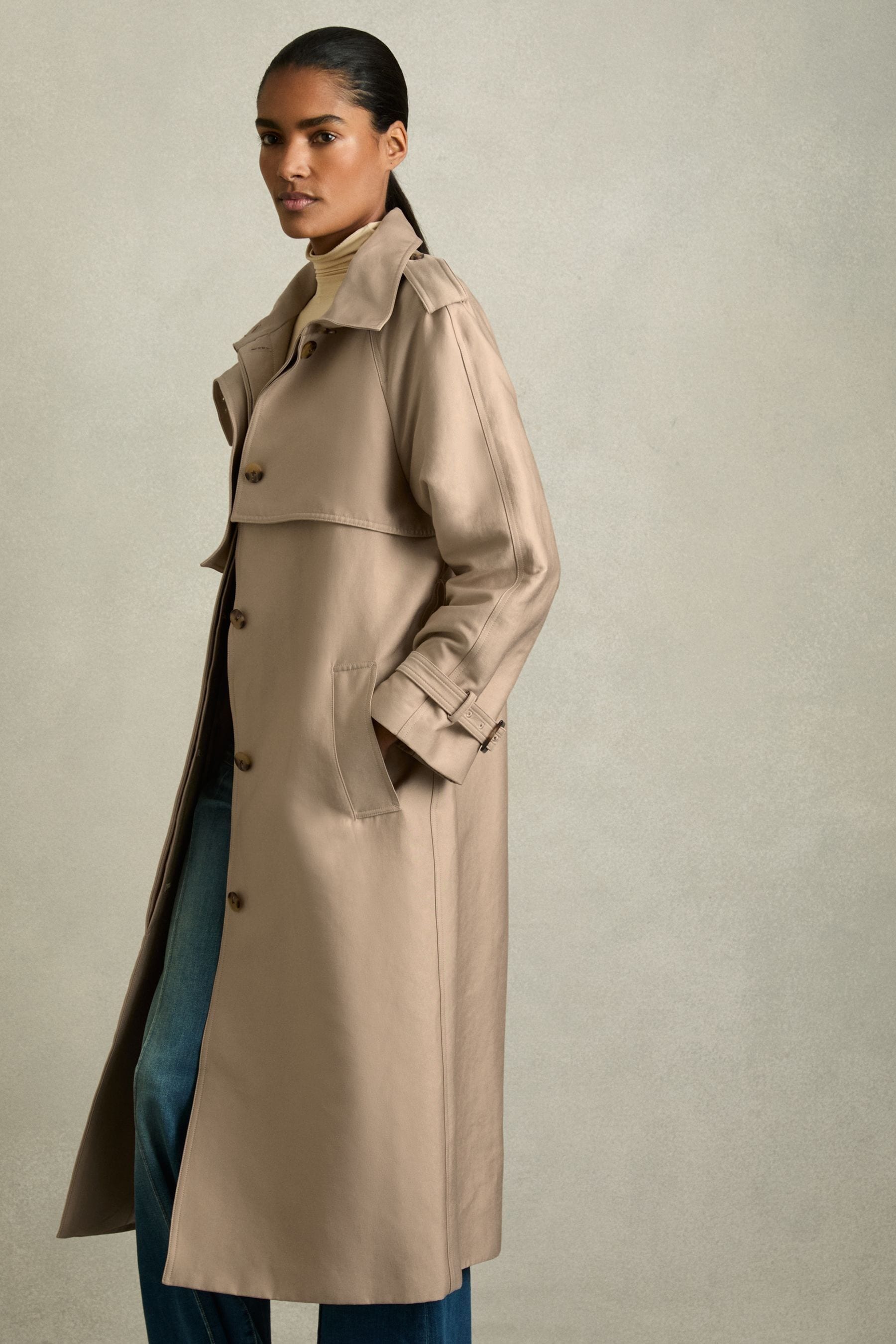 Reiss Neutral Petite Gabardine Trench Coat With Cotton, 4