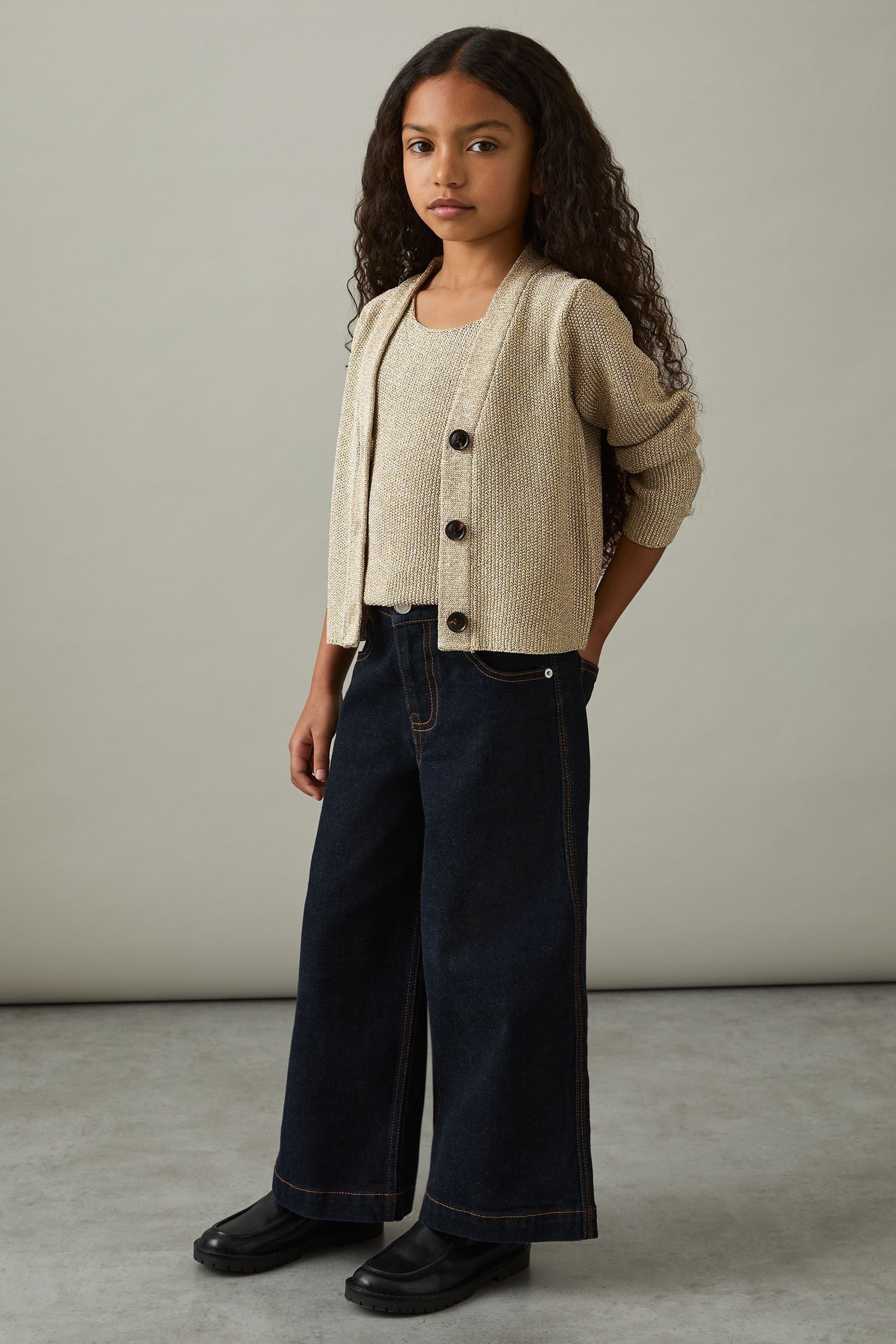 Reiss Gold 4-9 yrs Metallic-knit V-neck Cardigan, K04