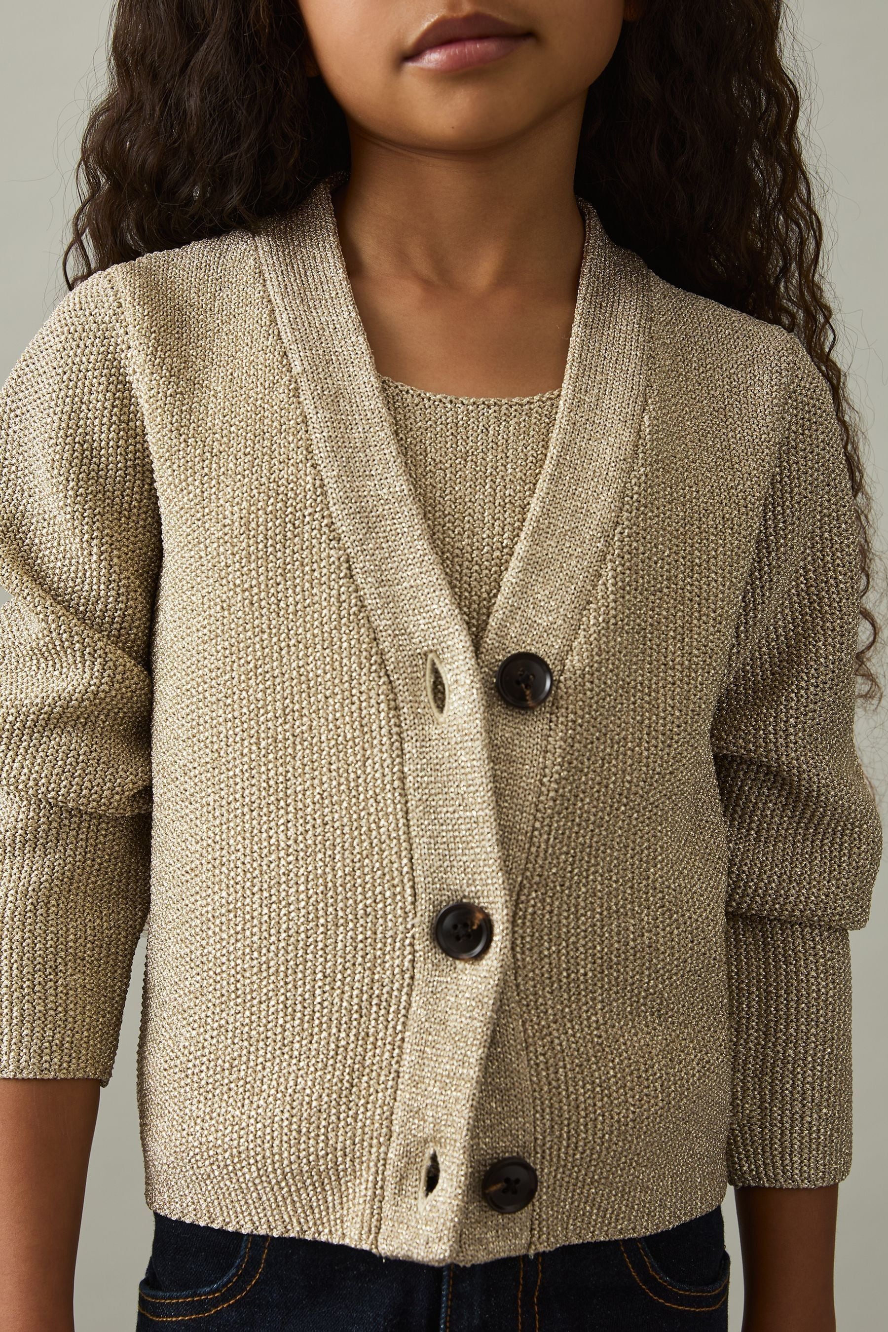 Reiss Gold 9-13 Yrs Metallic-knit V-neck Cardigan In Gold