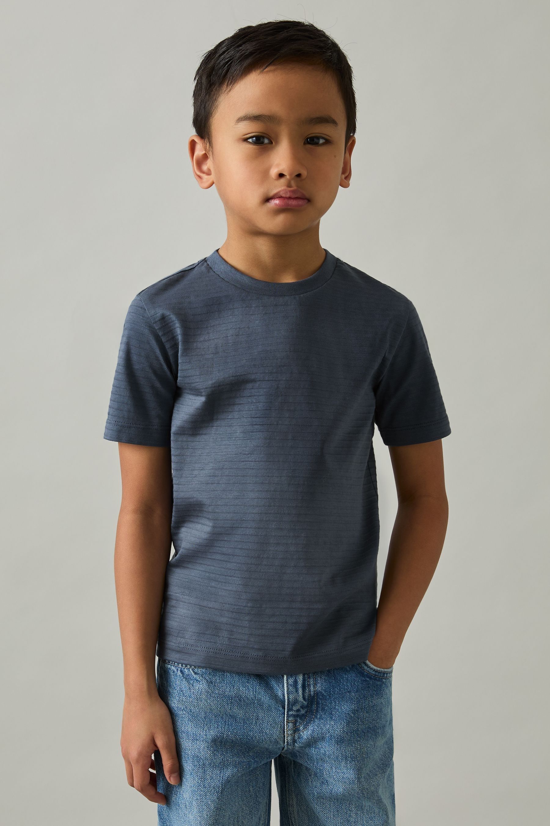 Reiss Airforce Blue Cotton Textured Crew-neck T-shirt In Airforce Blue