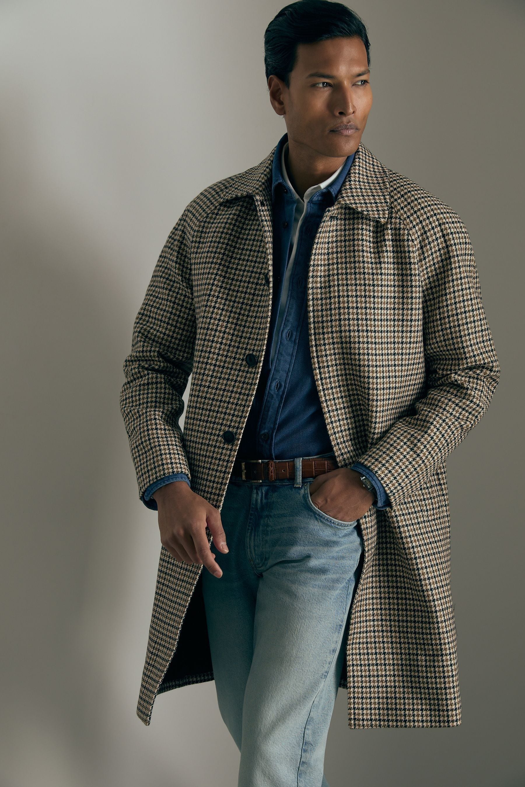 REISS BROWN ENIGMA ATELIER WOOL HOUNDSTOOTH-CHECK RAGLAN OVERCOAT