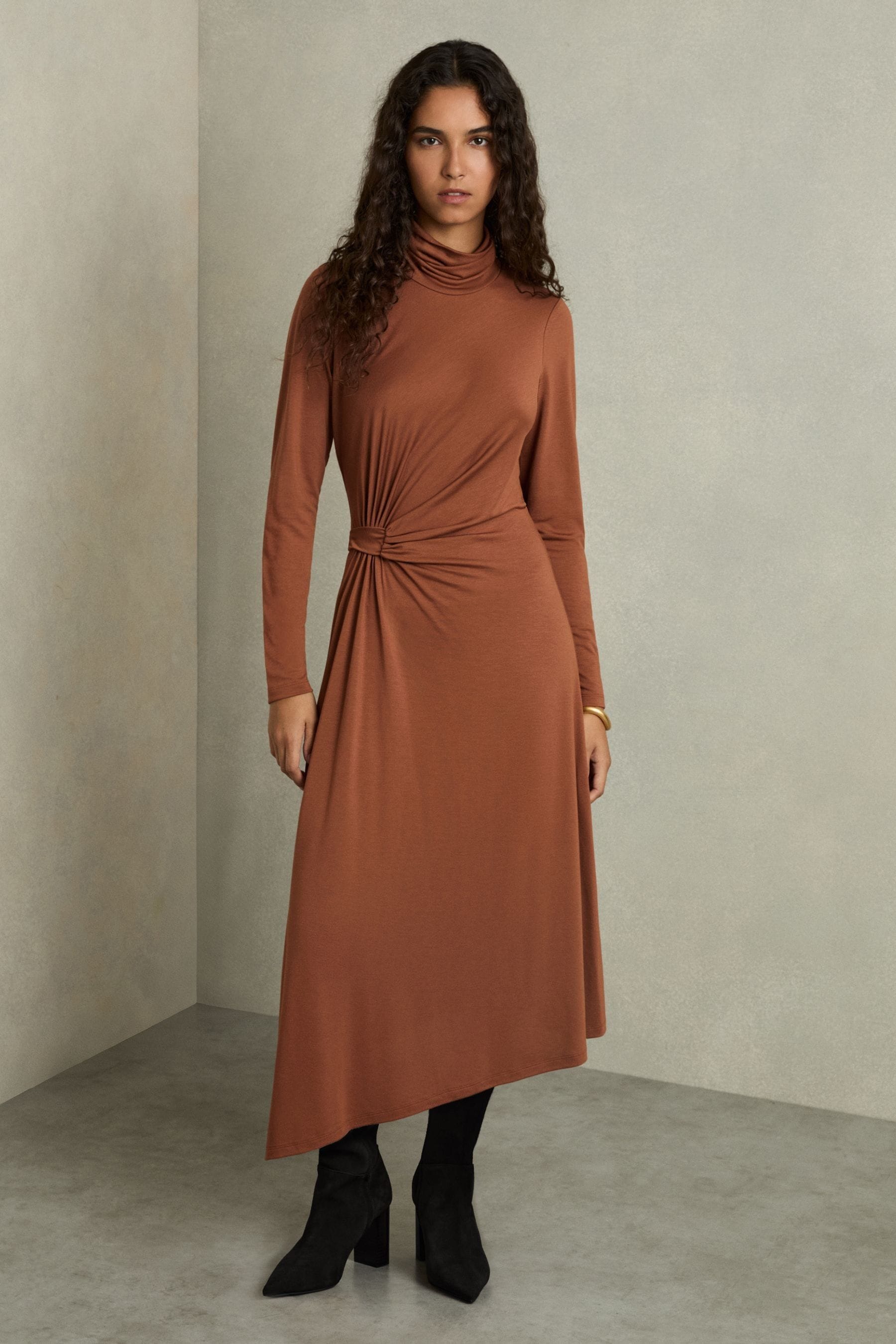 Reiss Camel Casey Petite Draped Jersey Midi Dress In Camel