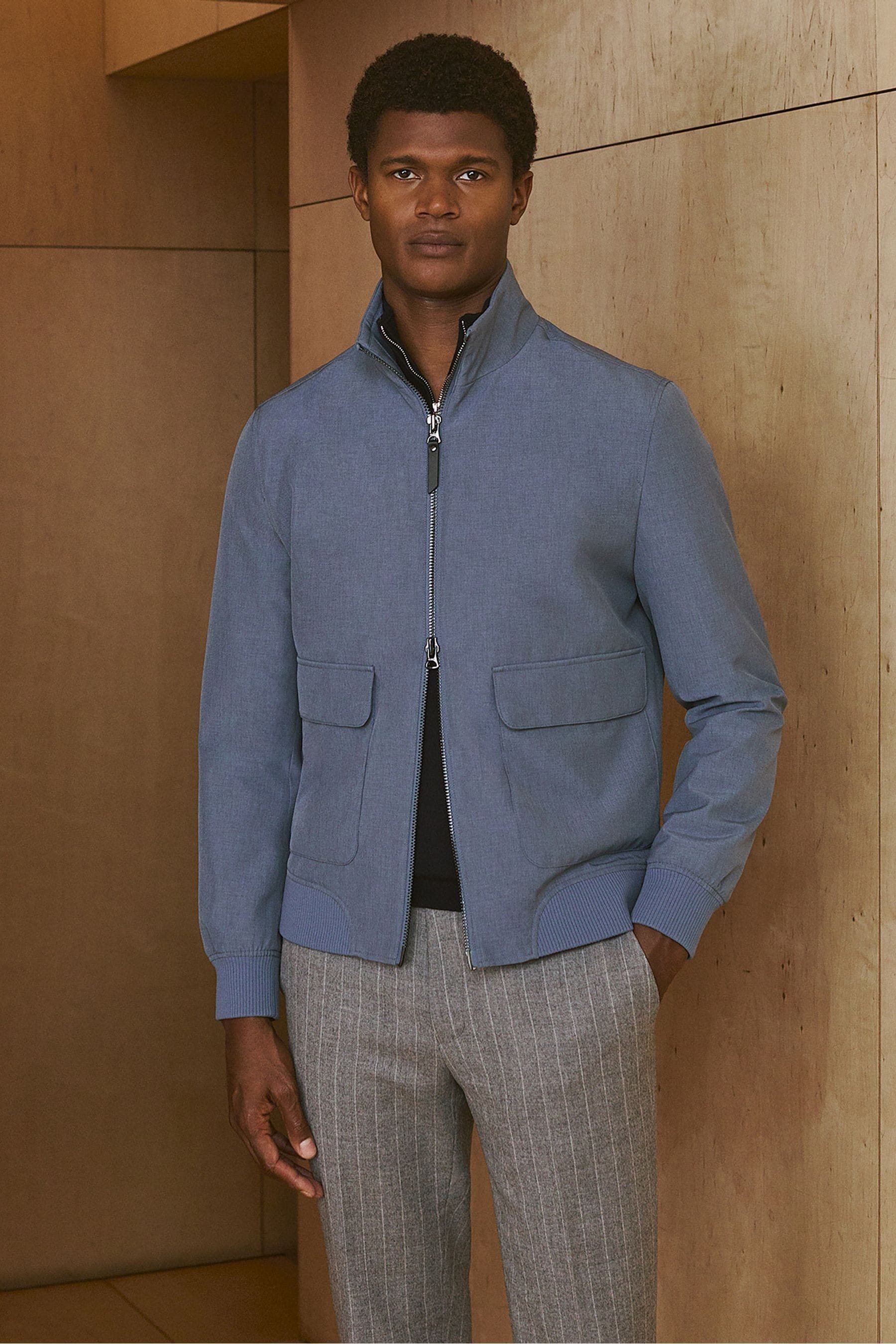 Reiss Airforce Blue Zip-Through Funnel-Neck Jacket, M