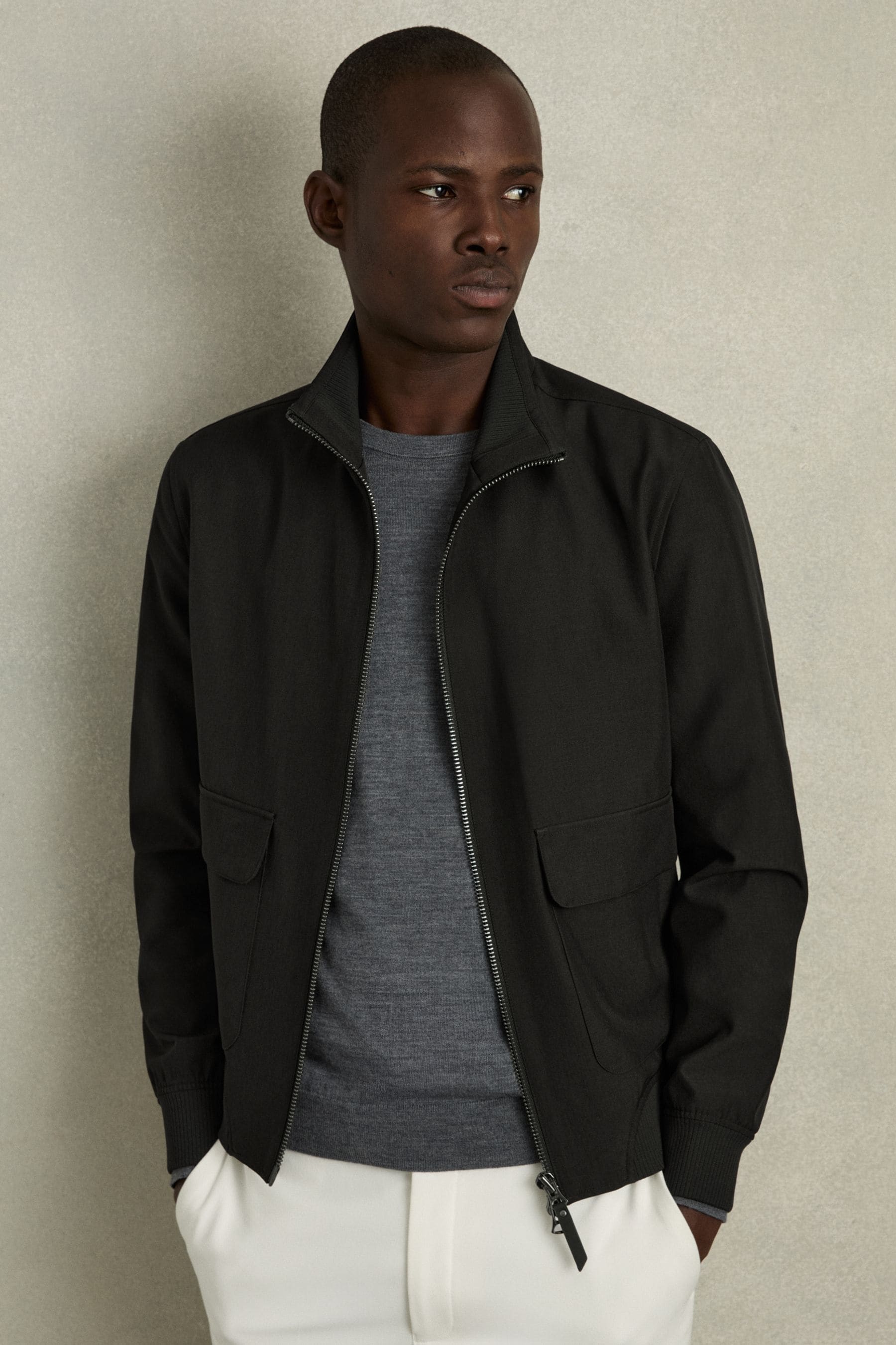 Reiss Black Zip-through Funnel-neck Jacket In Black