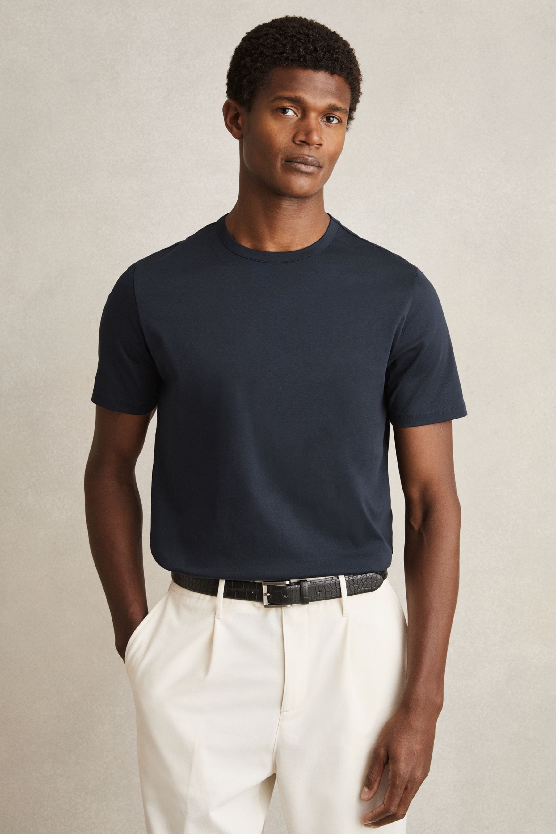 Reiss Navy Mercerised Cotton Crew Neck T-shirt
