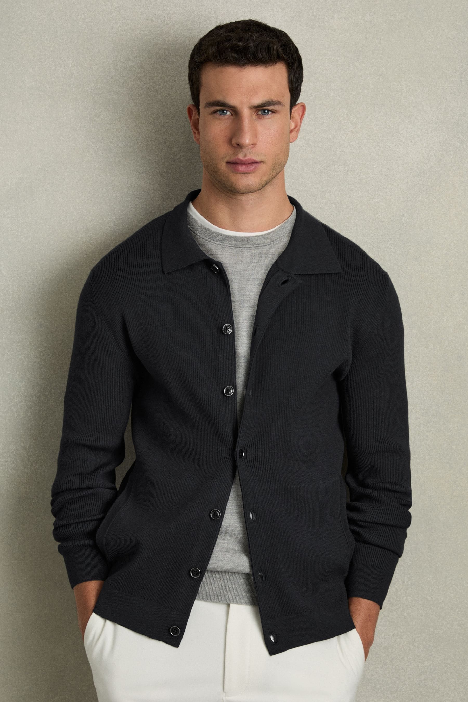 Reiss Navy Fine-ribbed Button-through Cardigan In Navy