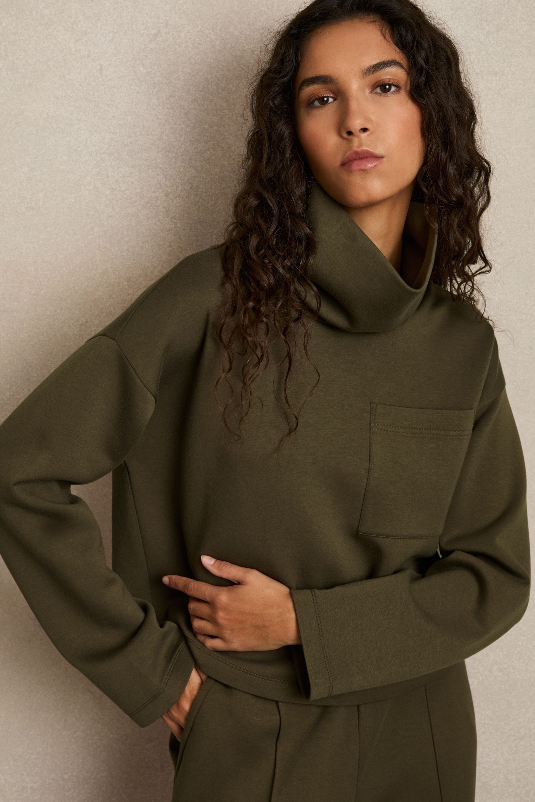 Reiss Khaki Jersey Funnel-neck Sweatshirt In Khaki