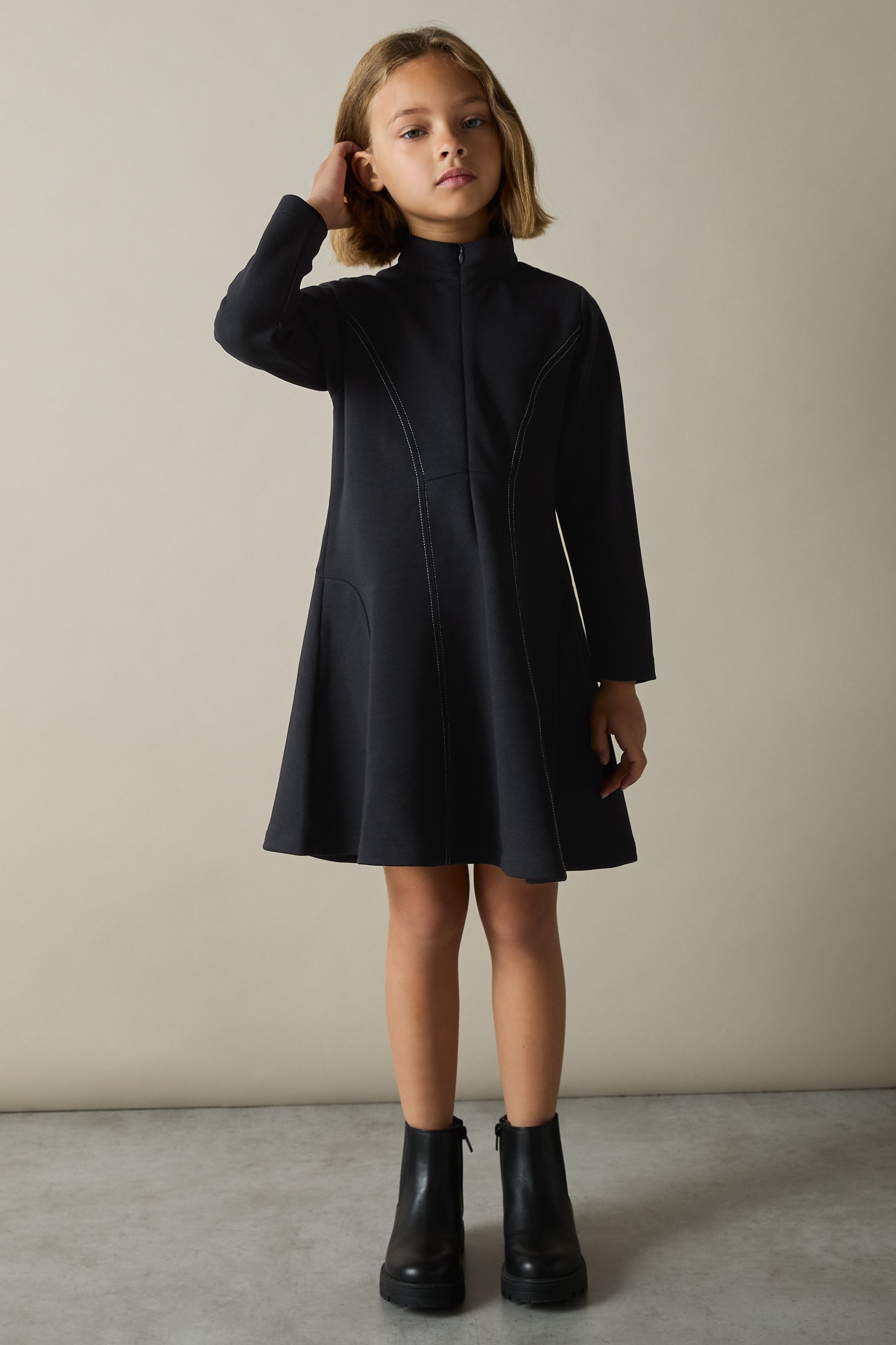 Reiss Navy 9-13 Yrs Jersey Contrast-stitch Flared Dress In Navy