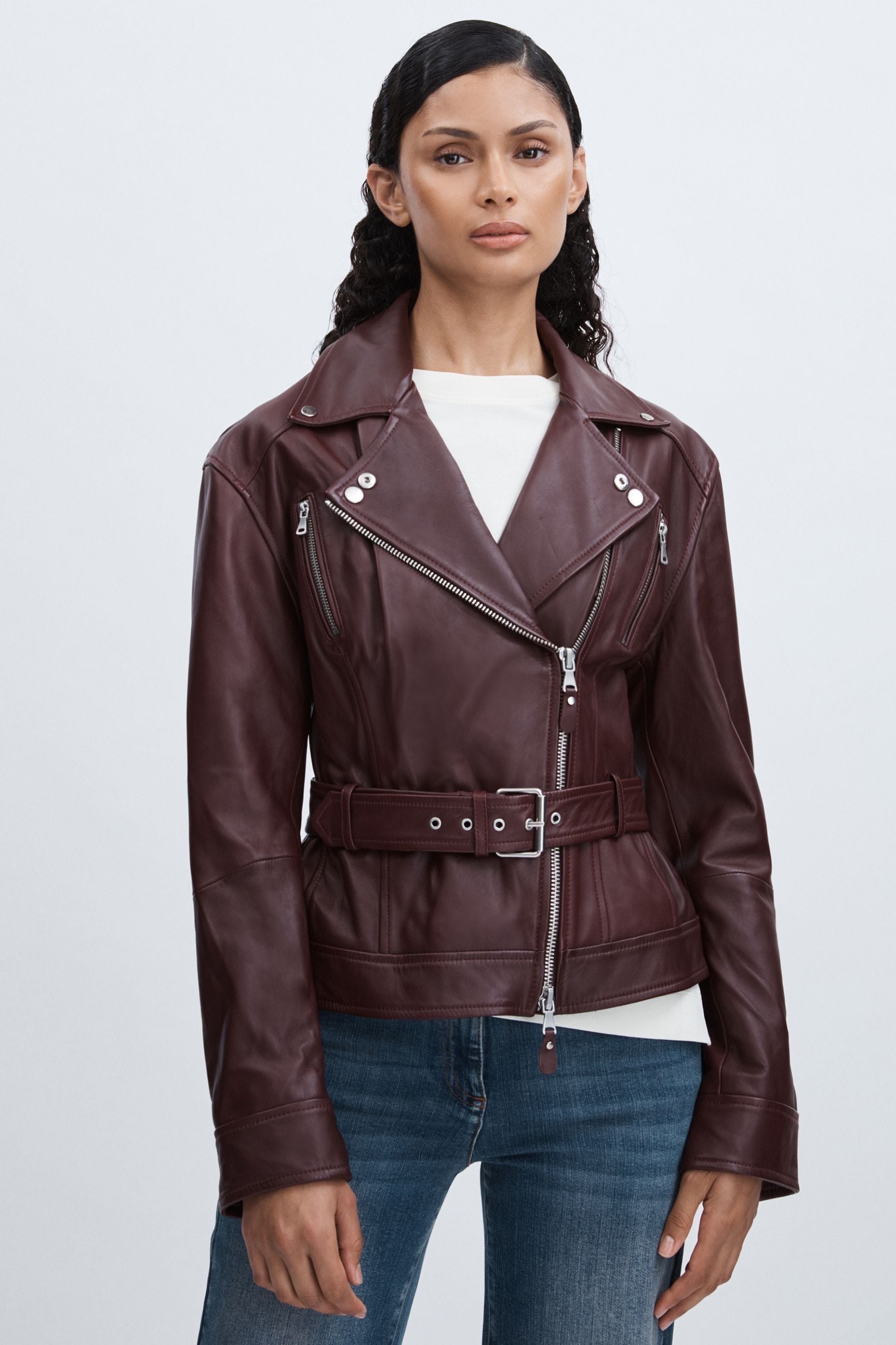 Paige Leather Belted Moto, Dark Oxblood, M