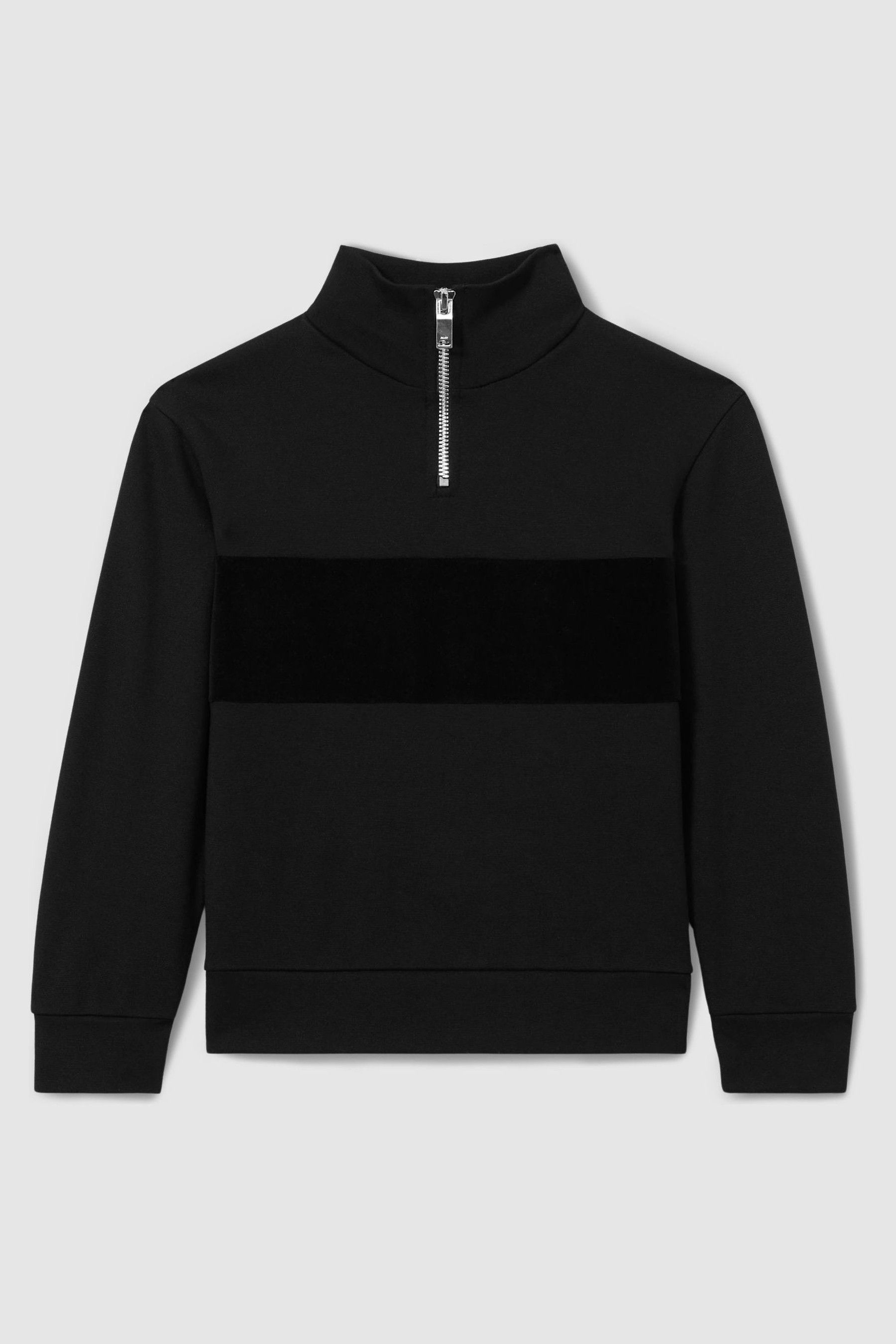 Reiss Black Selin 13-14 Yrs Slim Fit Half-zip Funnel Neck Velour Sweatshirt