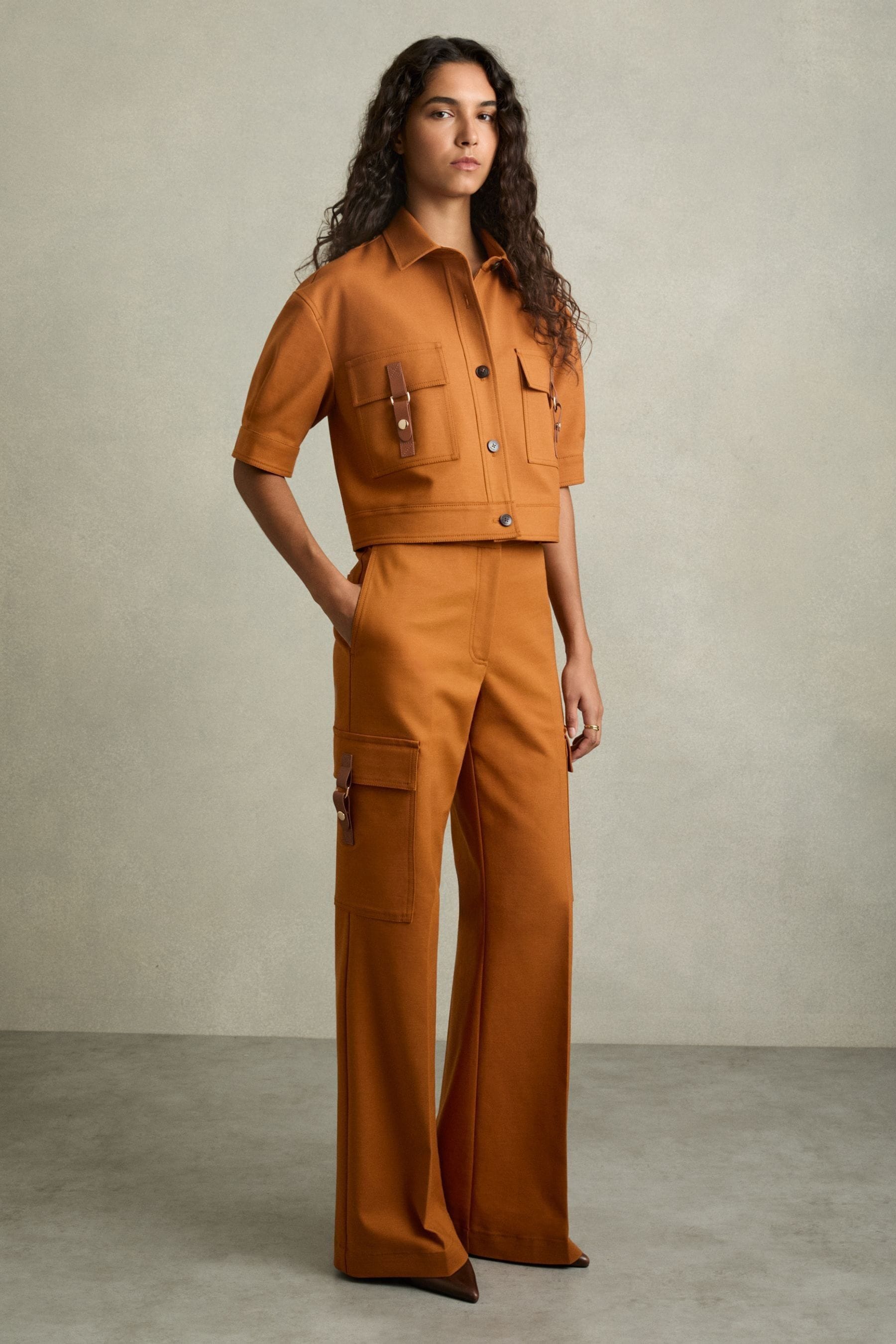 REISS RUST BUTTON-THROUGH CROPPED CARGO TOP