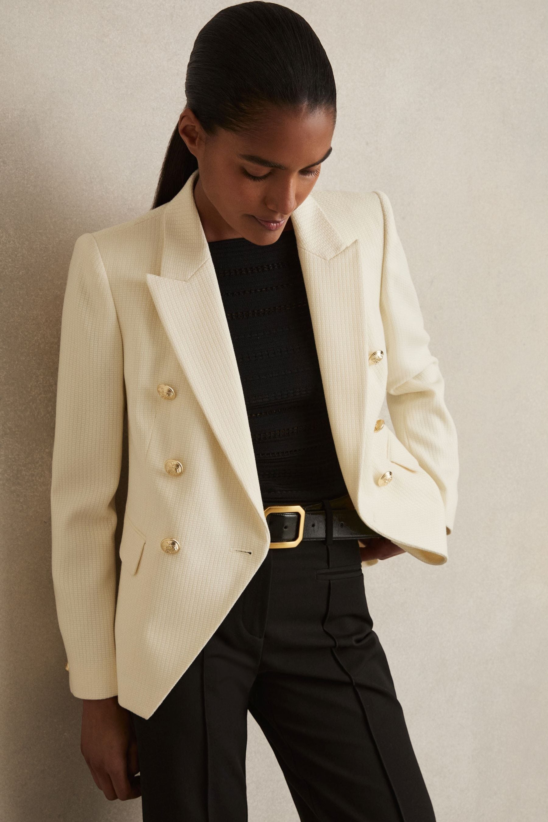 Reiss White Tally Tailored Fit Textured Double Breasted Blazer In White