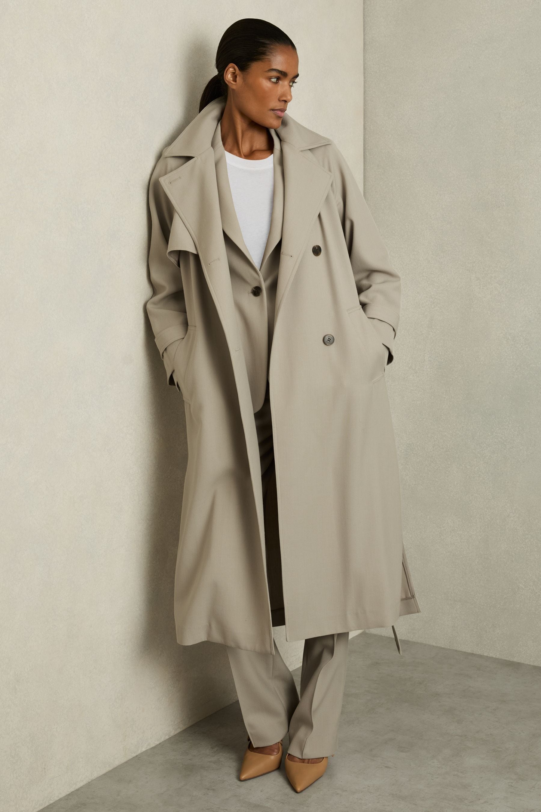 Reiss Neutral Wool-blend Double-breasted Trench Coat, 14