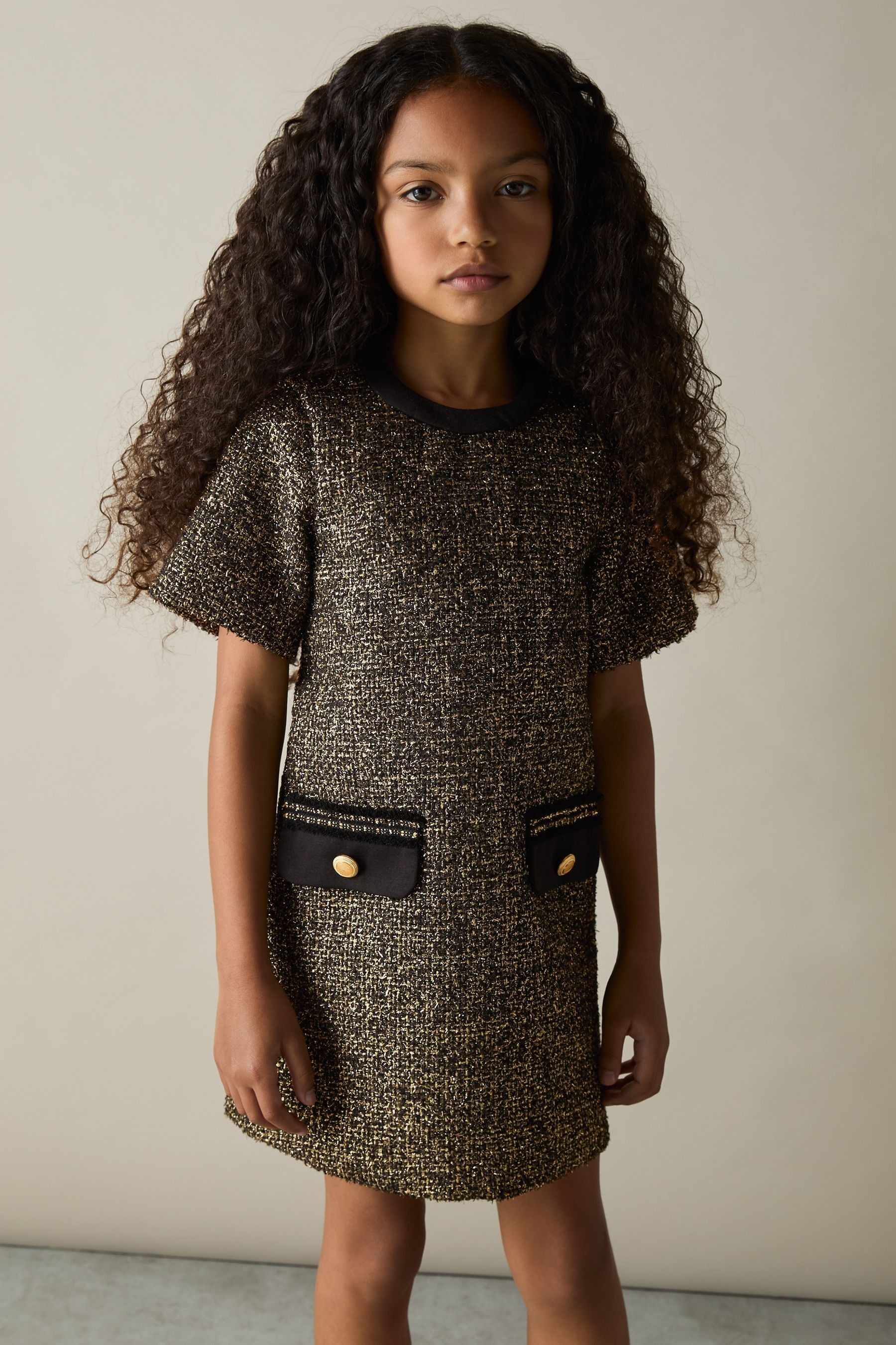 Reiss Gold Sasha Tweed Metallic-thread Shift Dress In Gold
