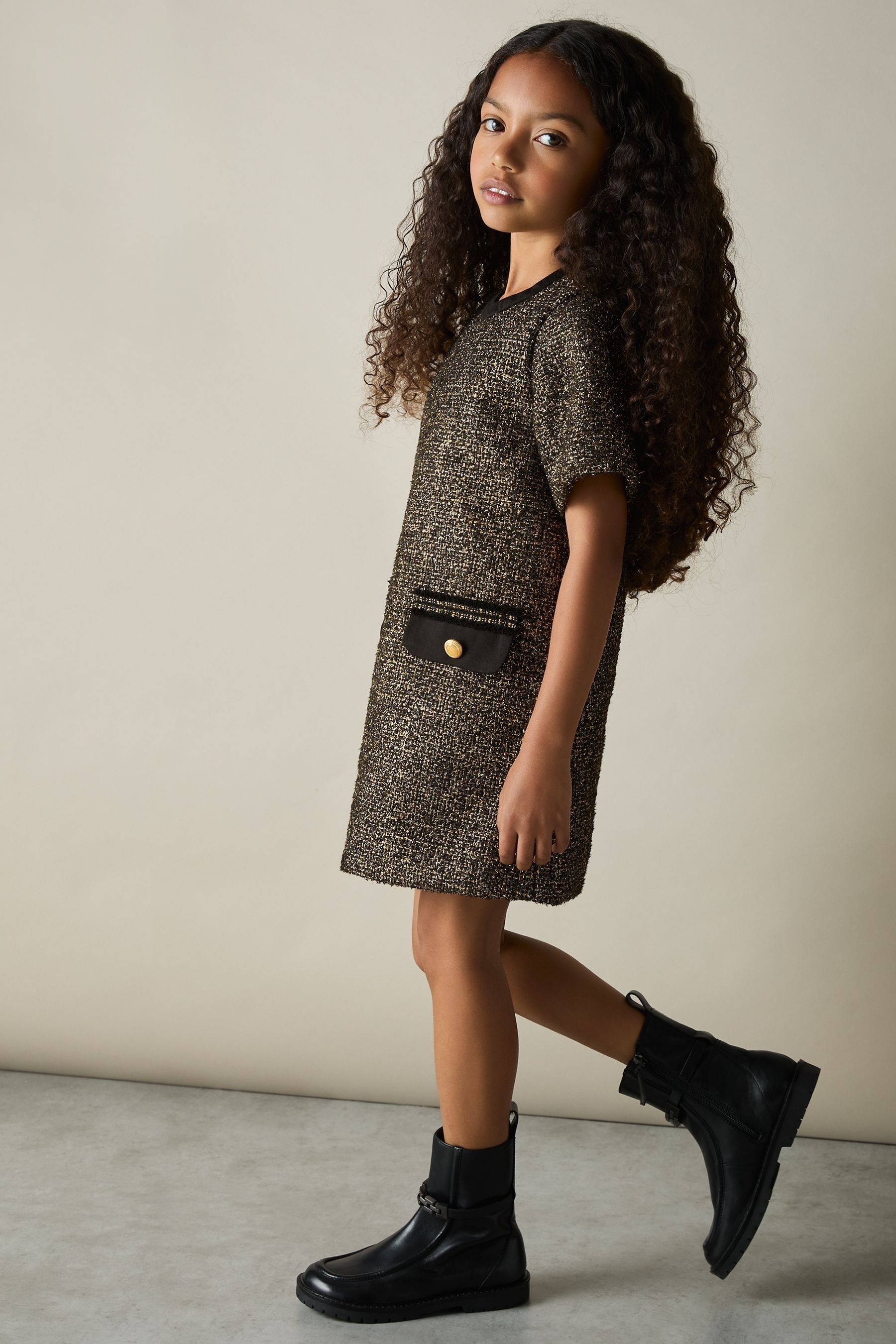 Reiss Gold Sasha Tweed Metallic-thread Shift Dress In Gold