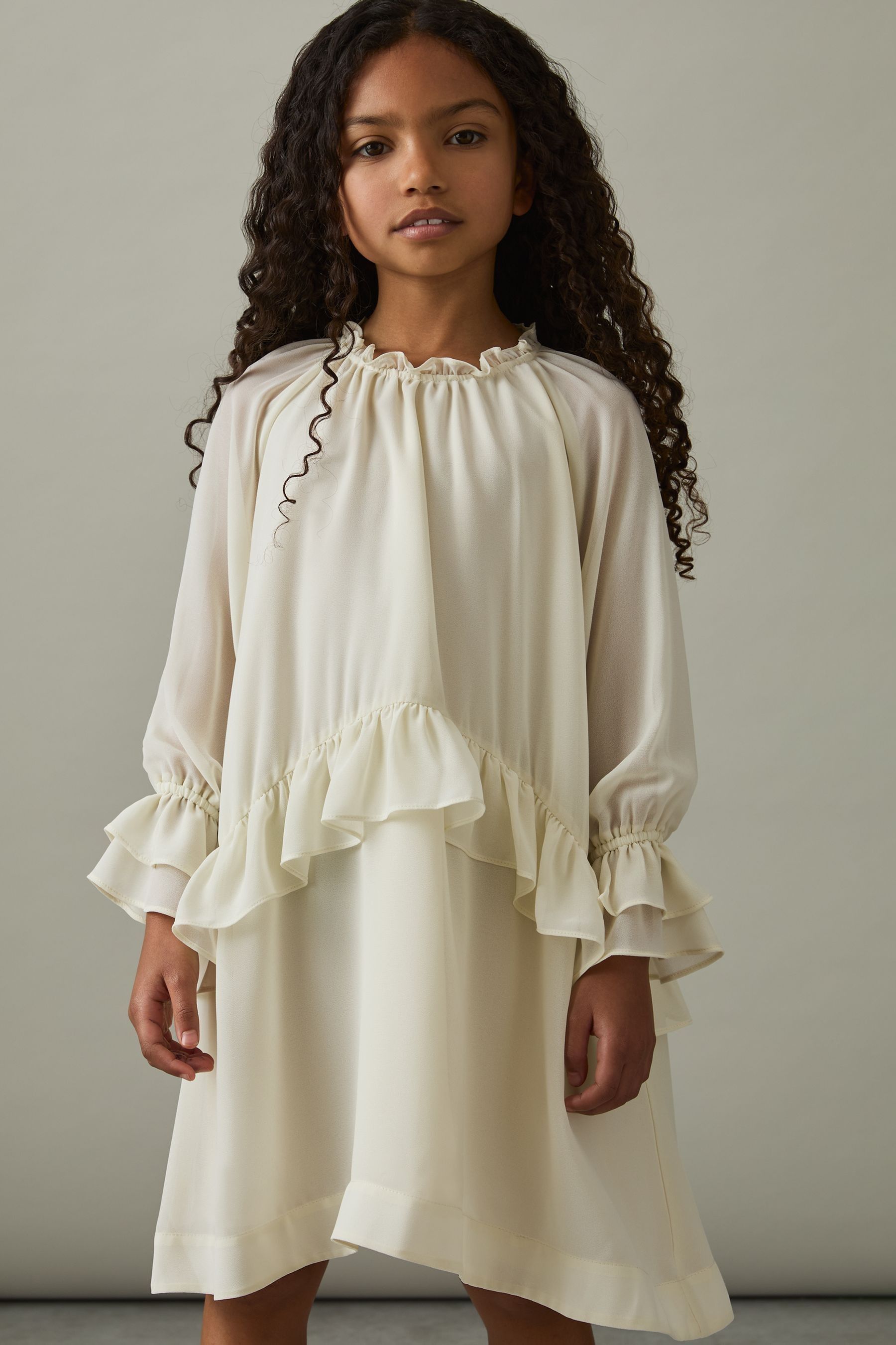 REISS REISS IVORY LUNAR 9-13 YRS CHIFFON RUFFLE-TRIM DRESS