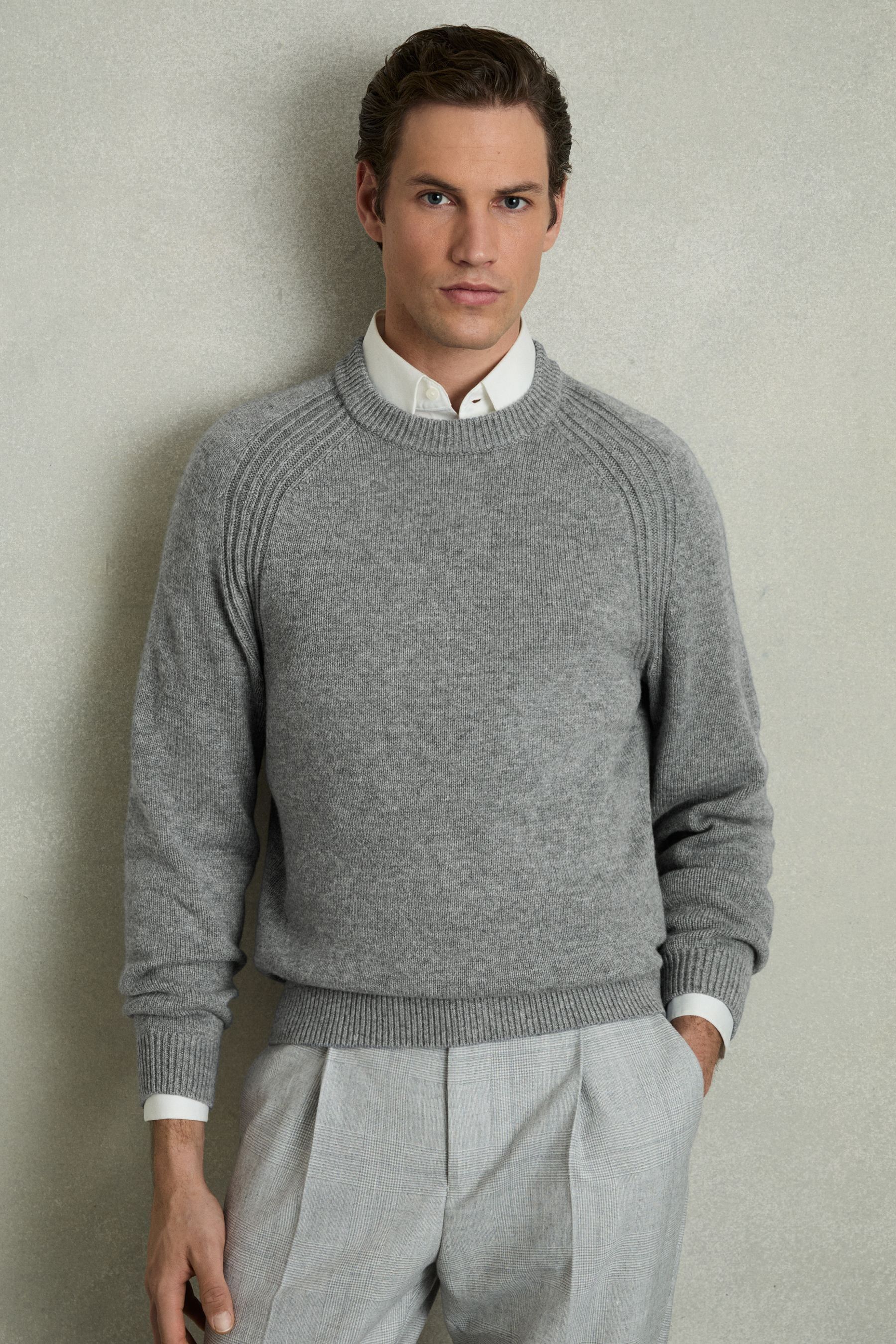 Reiss Mid Grey Melange Wool Blend Ridge Seam Jumper, Xxl