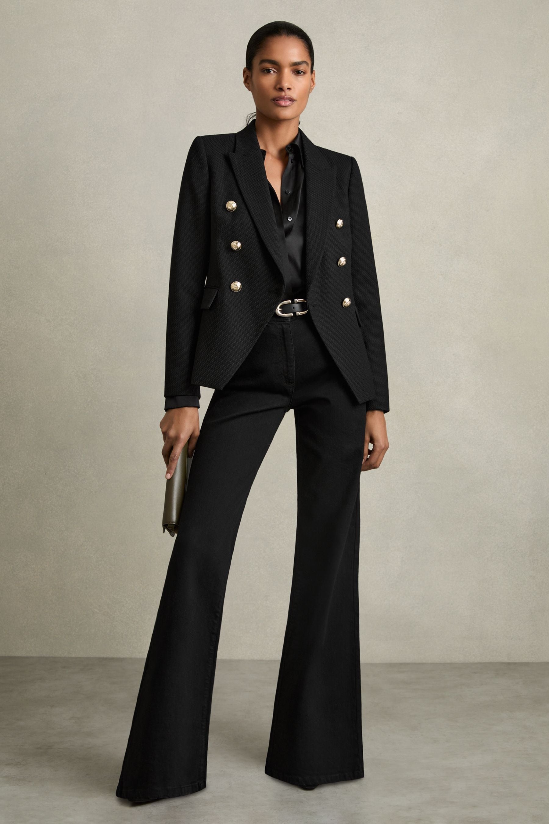 Reiss Black Petite Tailored Fit Textured Double Breasted Blazer