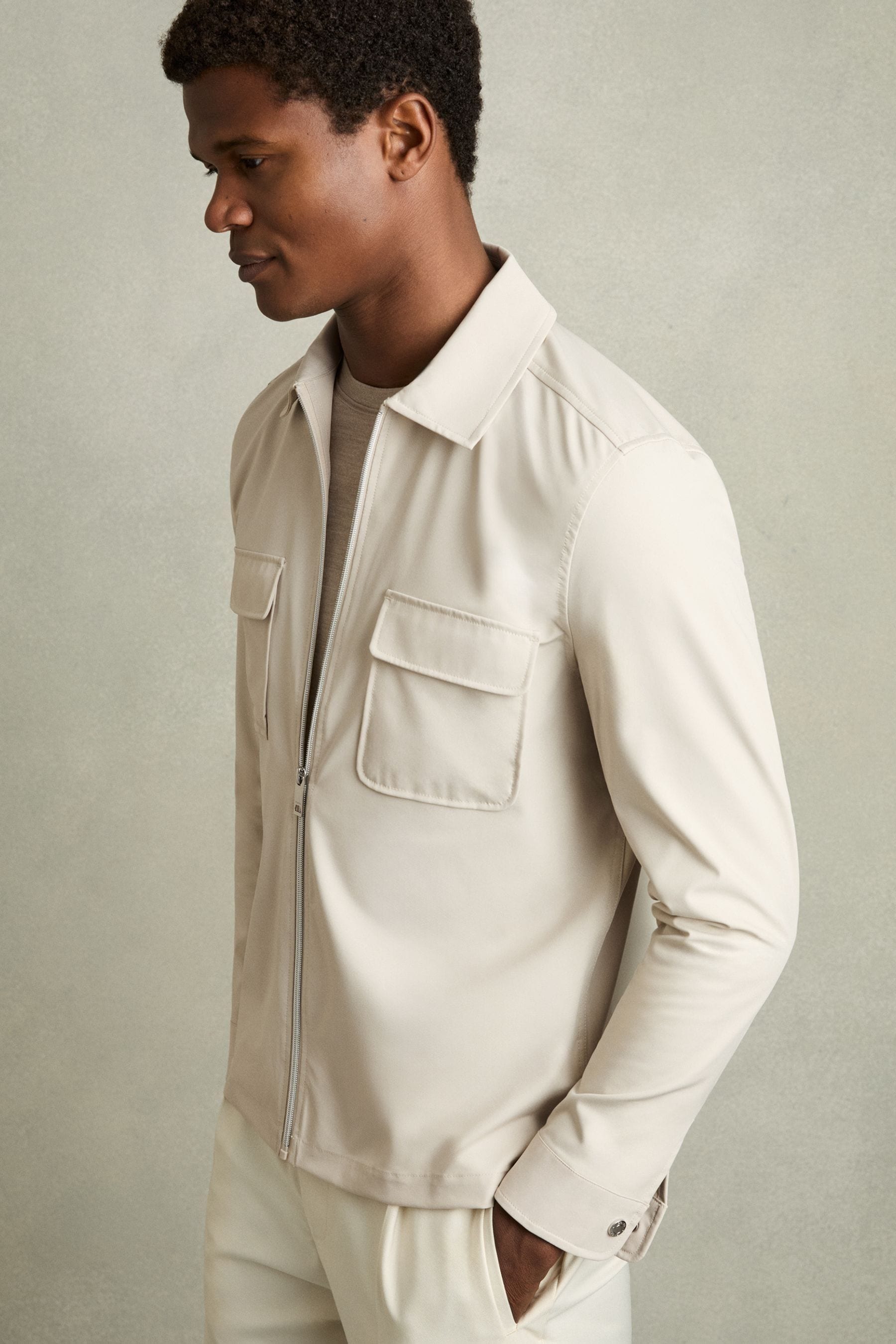 Reiss Stone Technical Zip-through Overshirt In Stone