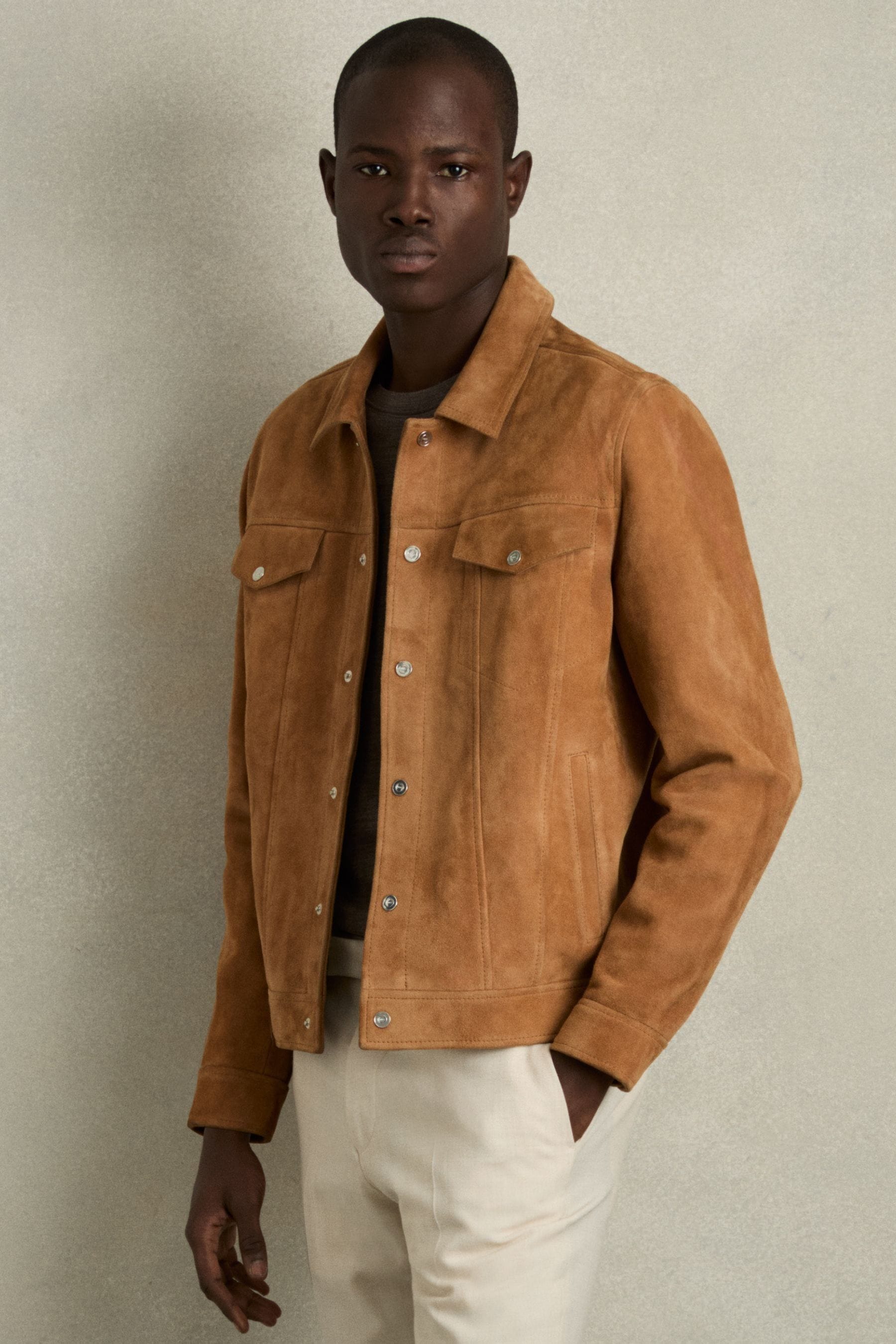 Reiss Tumble Wool Press Stud Knit Shirt In Tobacco Brown