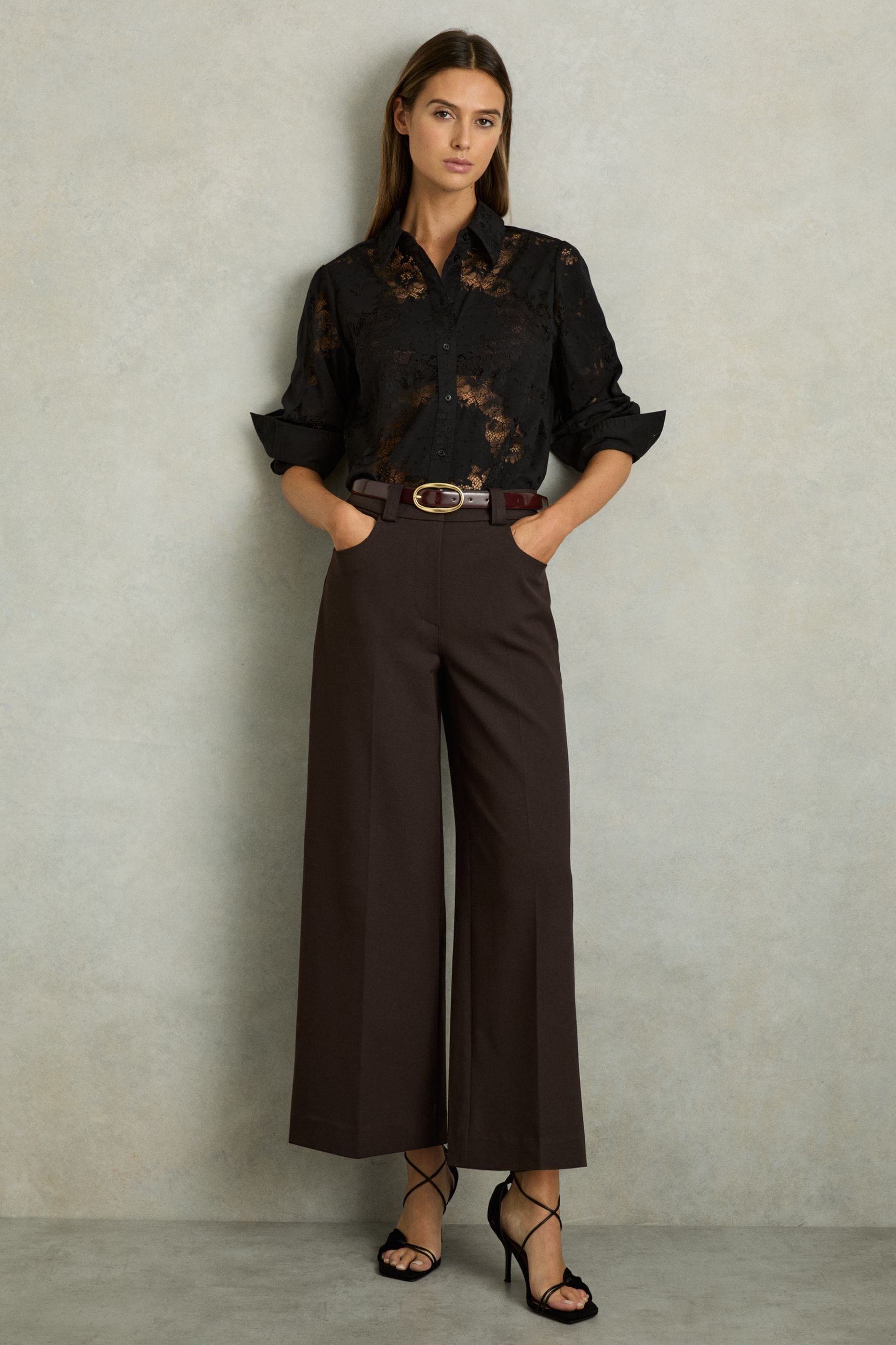 Reiss Chocolate Brown Twill Culotte Trousers, 8R