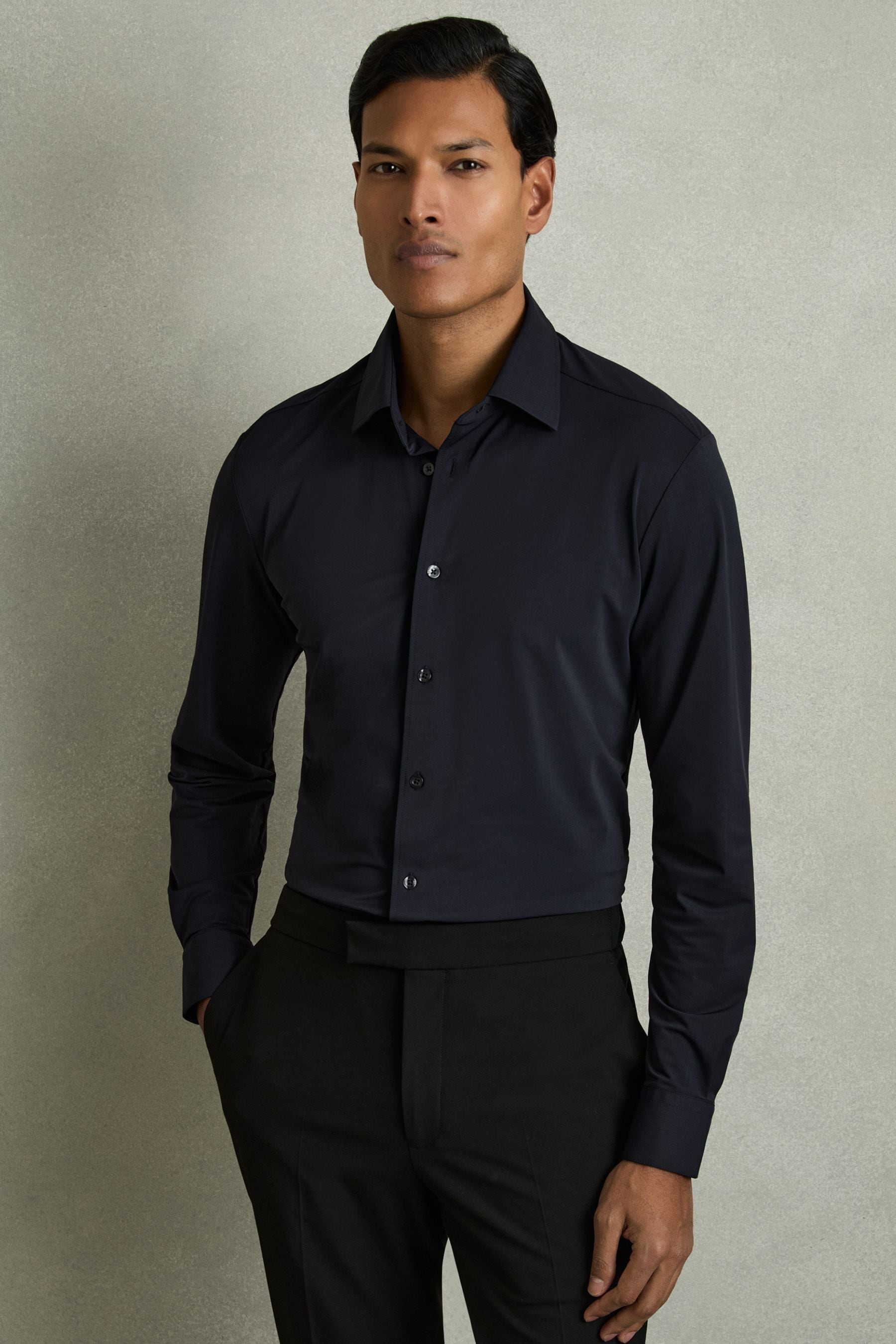 Reiss Navy Long-sleeve Travel Shirt In Blue