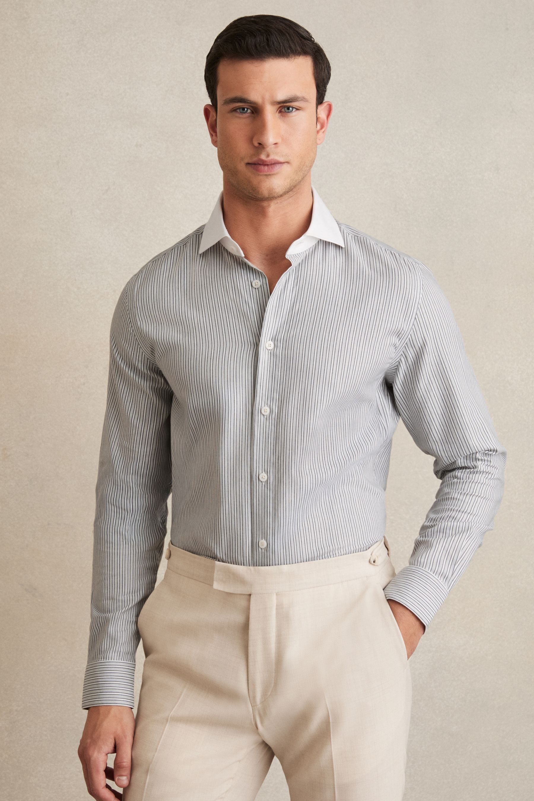 Reiss Contrast Stripe Grey Cotton-lyocell Stripe Shirt