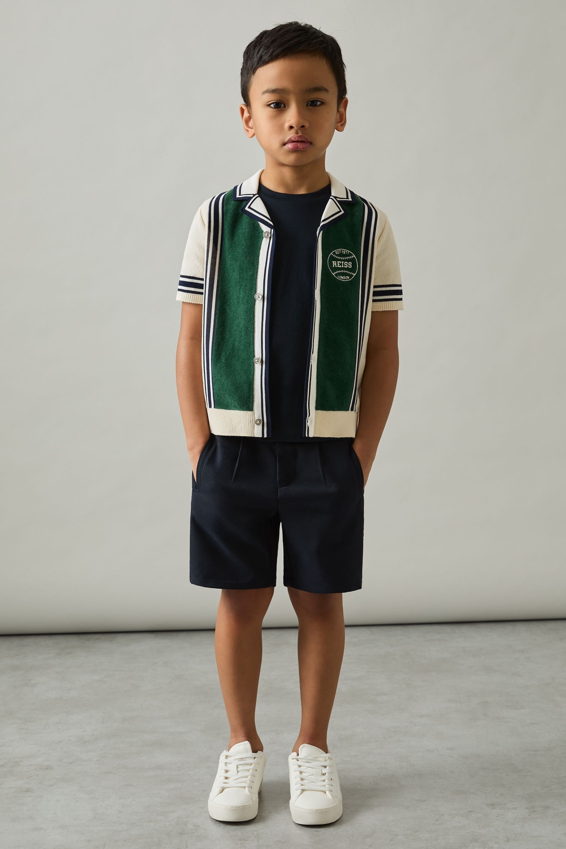 Reiss Green/off White 3-9 Yrs Cotton Colour-block Varsity Shirt In Green/off White