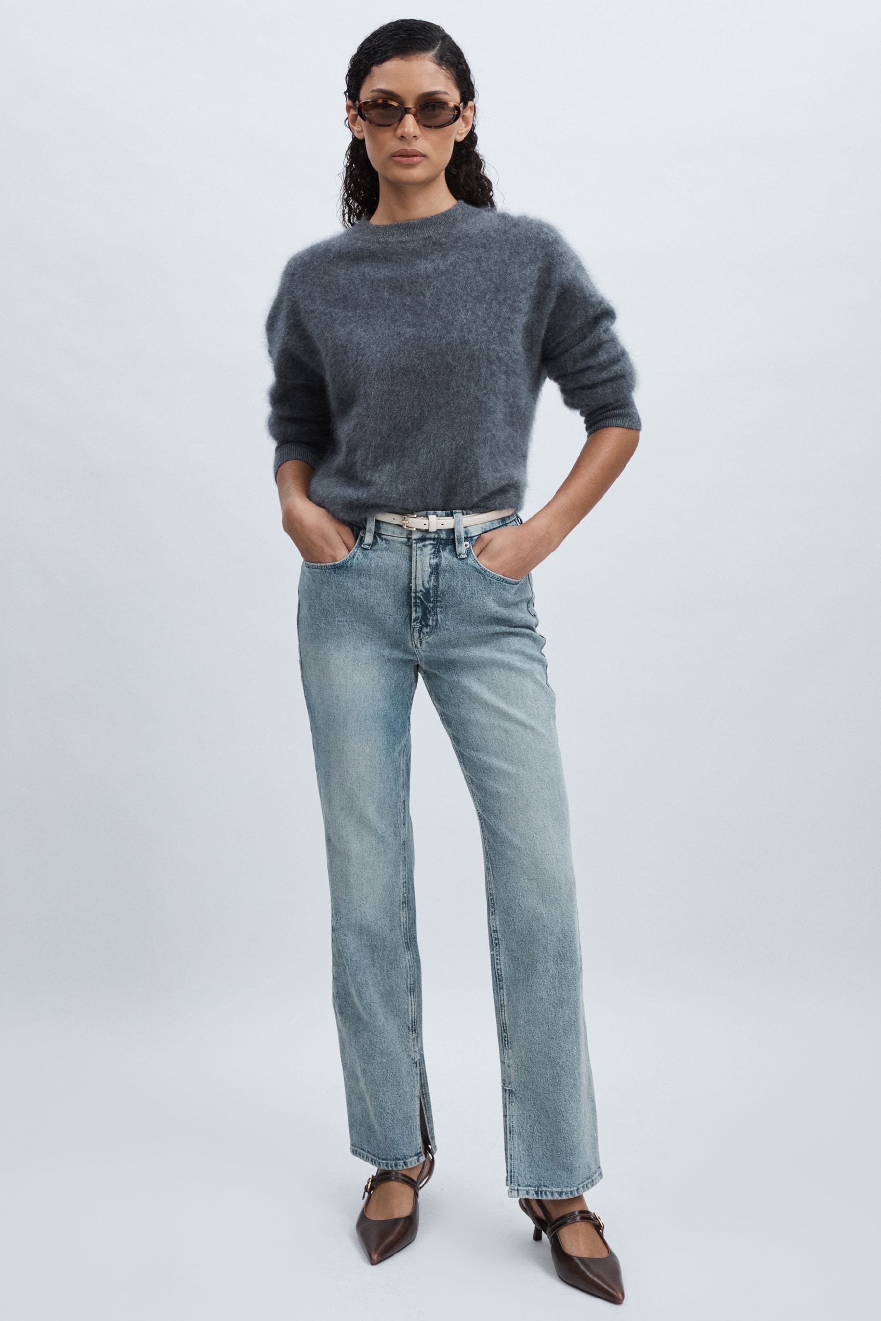 Good American Light Indigo  Straight-leg Slit-hem Jeans In Light Indigo